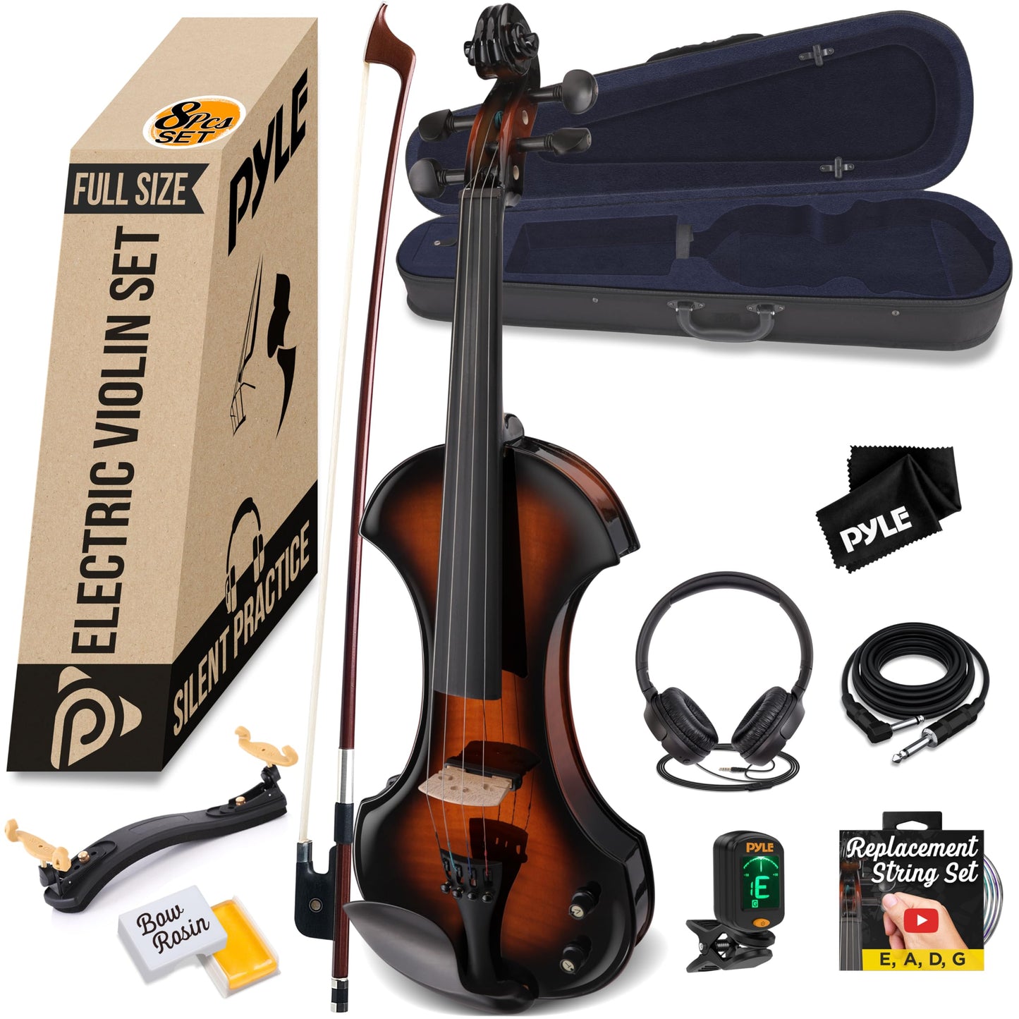 Pyle Full Size Electric Violin Kit - 4/4 Solid Wood Silent Fiddle with Hard Case, Bow, Ebony Fittings, and Digital Tuner