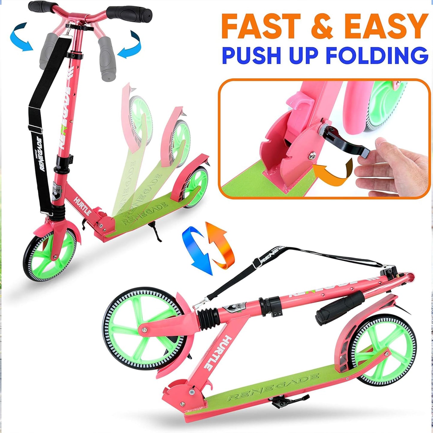 Hurtle Teenager Kick Scooter - 2 Wheel with Adjustable T-Bar Handlebar - Folding Adult with Alloy Anti-Slip Deck - 8" Smooth Gliding Wheels, Watermelon