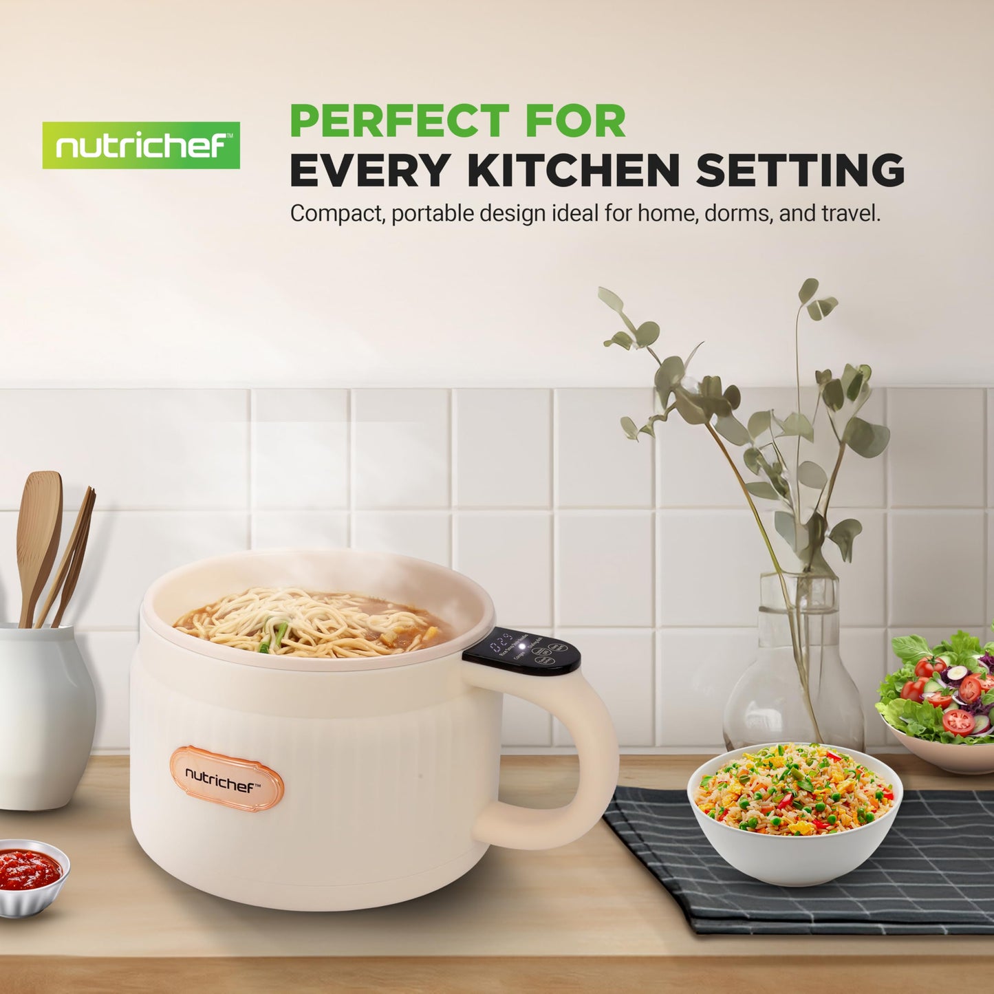 NutriChef 1.6 QT Portable Electric Rice Cooker & Lunch Maker | Multi-Functional & Non-Stick Ceramic Coating | Digital Control Panel | 6 Cook Functions: Rice, Soup, Stew, Porridge & More | White