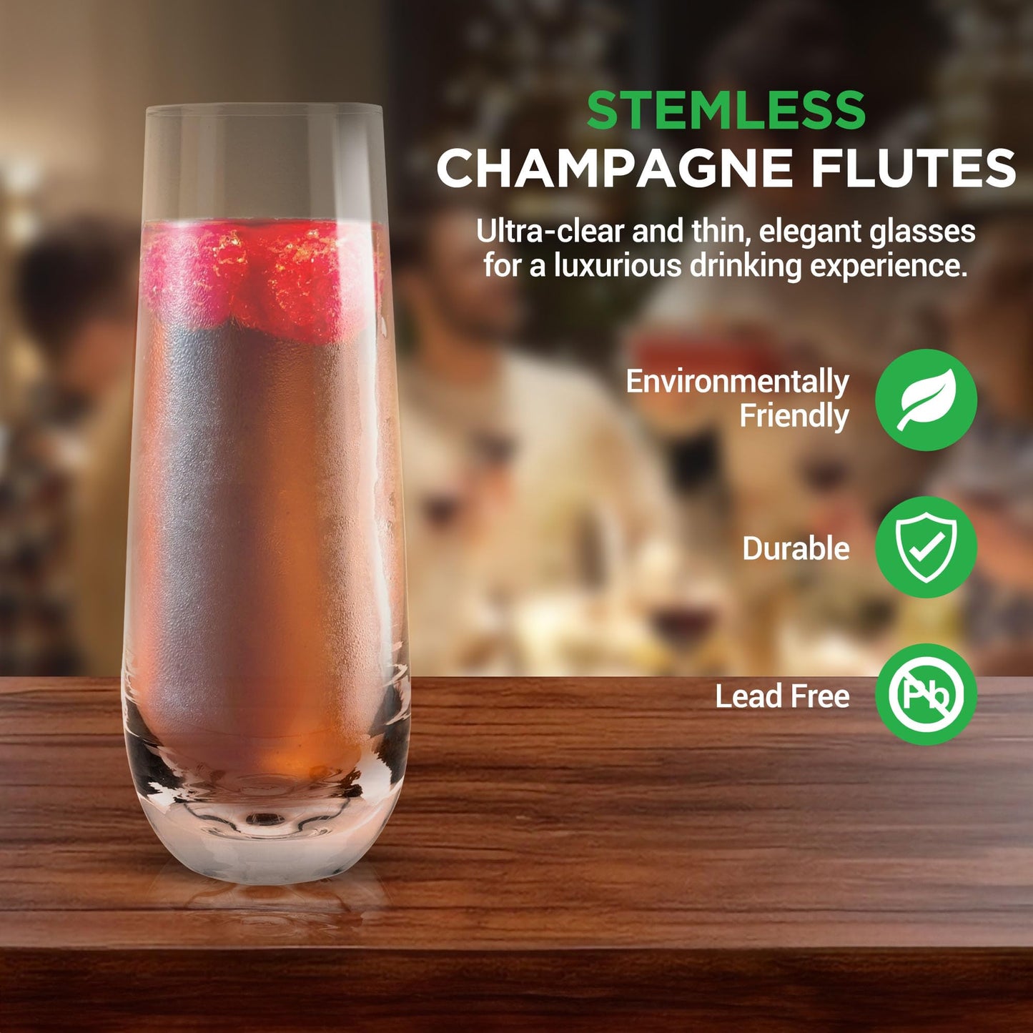 NutriChef 2-Piece Stemless Champagne Flutes Set - 6.4" Tall Crystal Glasses with Thick Heavy Base - Prosecco Wine Flute, Highball Glass, Mimosa Cocktail Glass Set, Bar Glassware - Dishwasher Safe