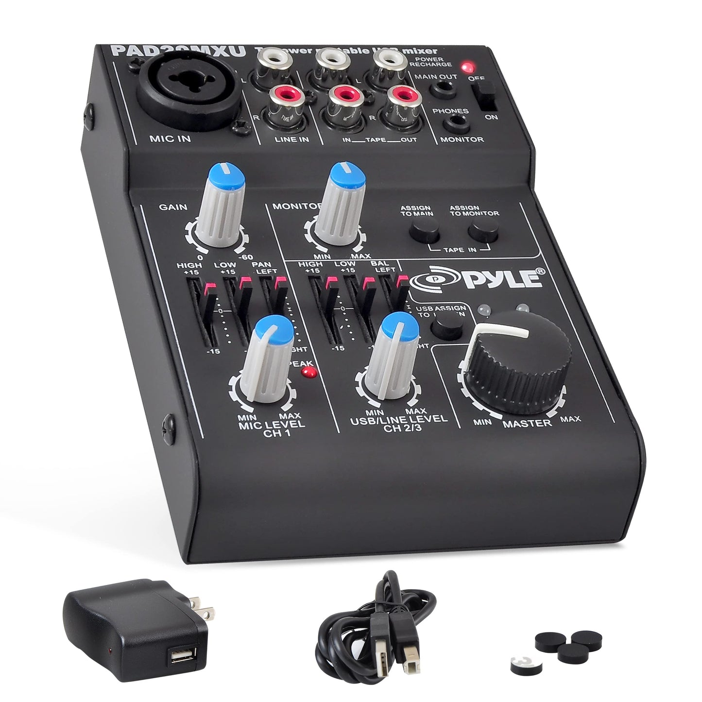 Pyle 5-Channel Audio Mixer - DJ Sound Controller with USB Soundcard for PC Recording - XLR/3.5mm Mic Jack - 18V Phantom Power - RCA Inputs/Outputs - 2-Band EQ - Low Noise Design - PAD20MXU