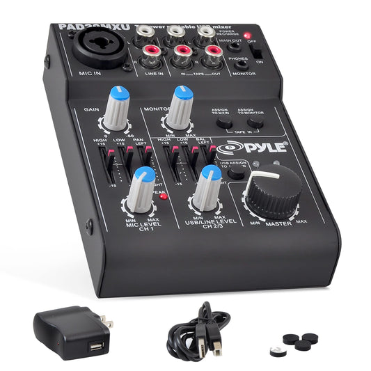 Pyle 5-Channel Audio Mixer - DJ Sound Controller with USB Soundcard for PC Recording - XLR/3.5mm Mic Jack - 18V Phantom Power - RCA Inputs/Outputs - 2-Band EQ - Low Noise Design - PAD20MXU