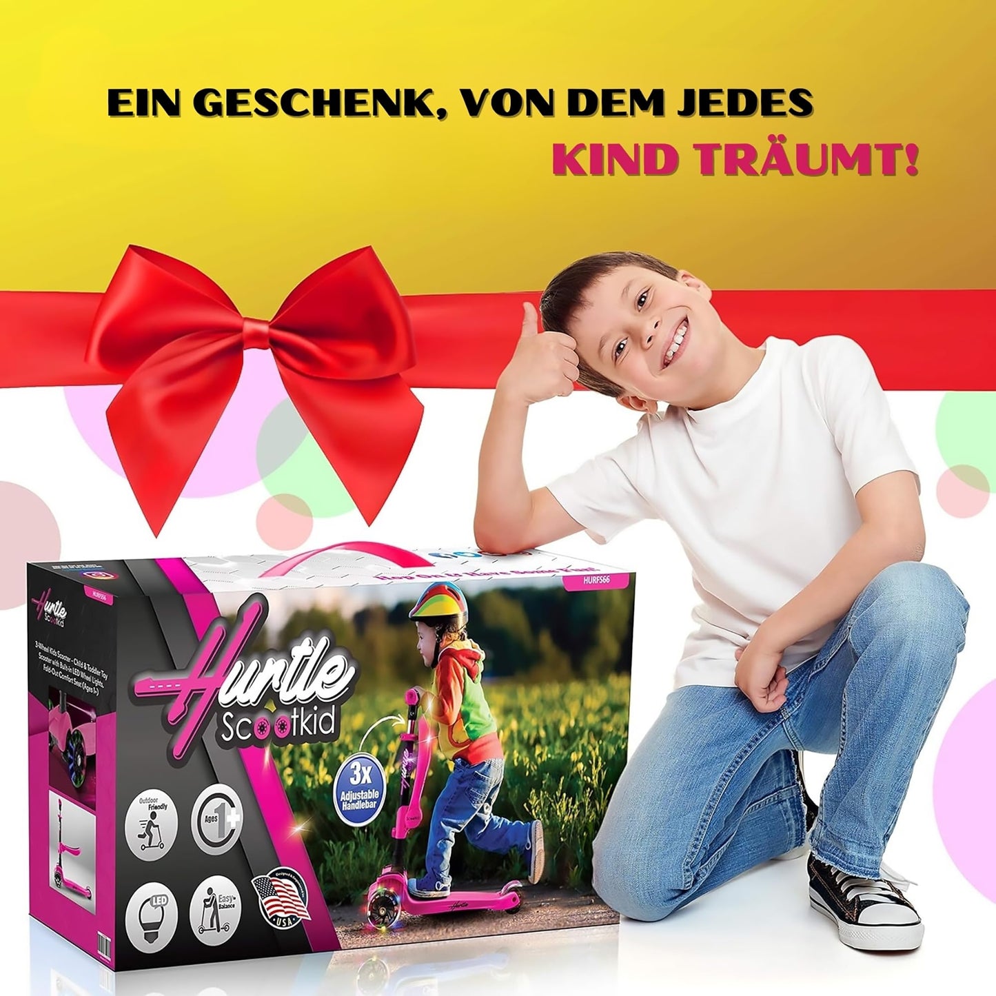 Hurtle Kids Scooter - Child Toddler Kick Scooter Toy with Foldable Seat - 3 Wheel Scooter with Adjustable Height, Anti-Slip Deck, Flashing Wheel Lights, for Boys/Girls 1-12 Year Old, Pink
