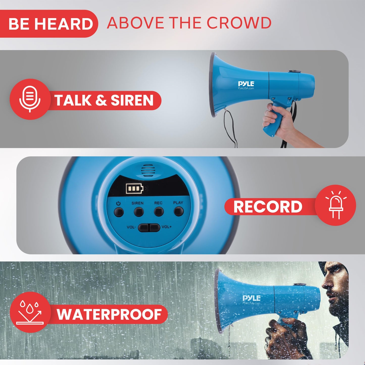 Pyle 40W Megaphone Siren Bullhorn Speaker, Rechargable, Portable and Lightweight Automatic Bullhorn for Indoor & Outdoor Use, 800 Square Yards Projection Range, Used as Siren/Music (Blue)