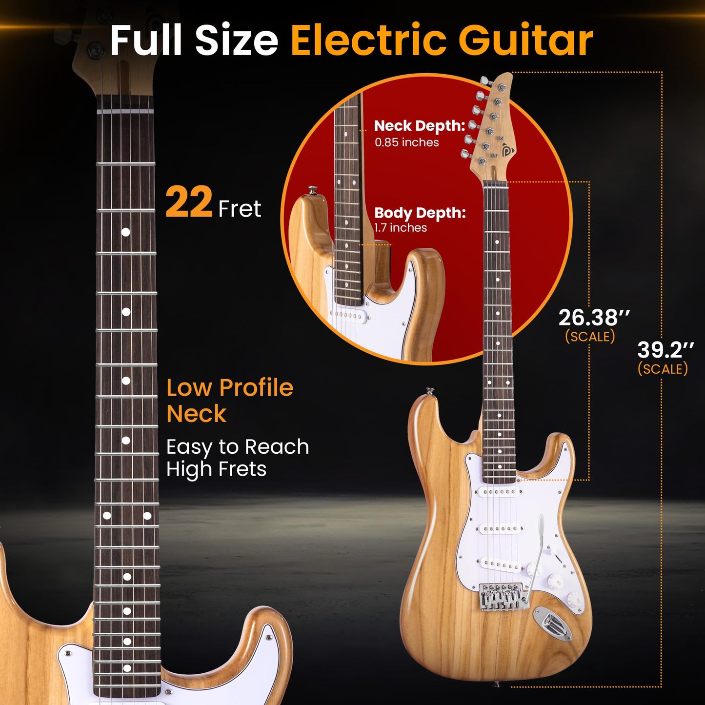 Pyle Full Size Electric Guitar Kit with 5W Amplifier, Gig Bag, Picks, Spare Strings, and Strap, ST-Style Beginner Guitar Bundle with 22 Frets, Paulownia Wood Body, Natural
