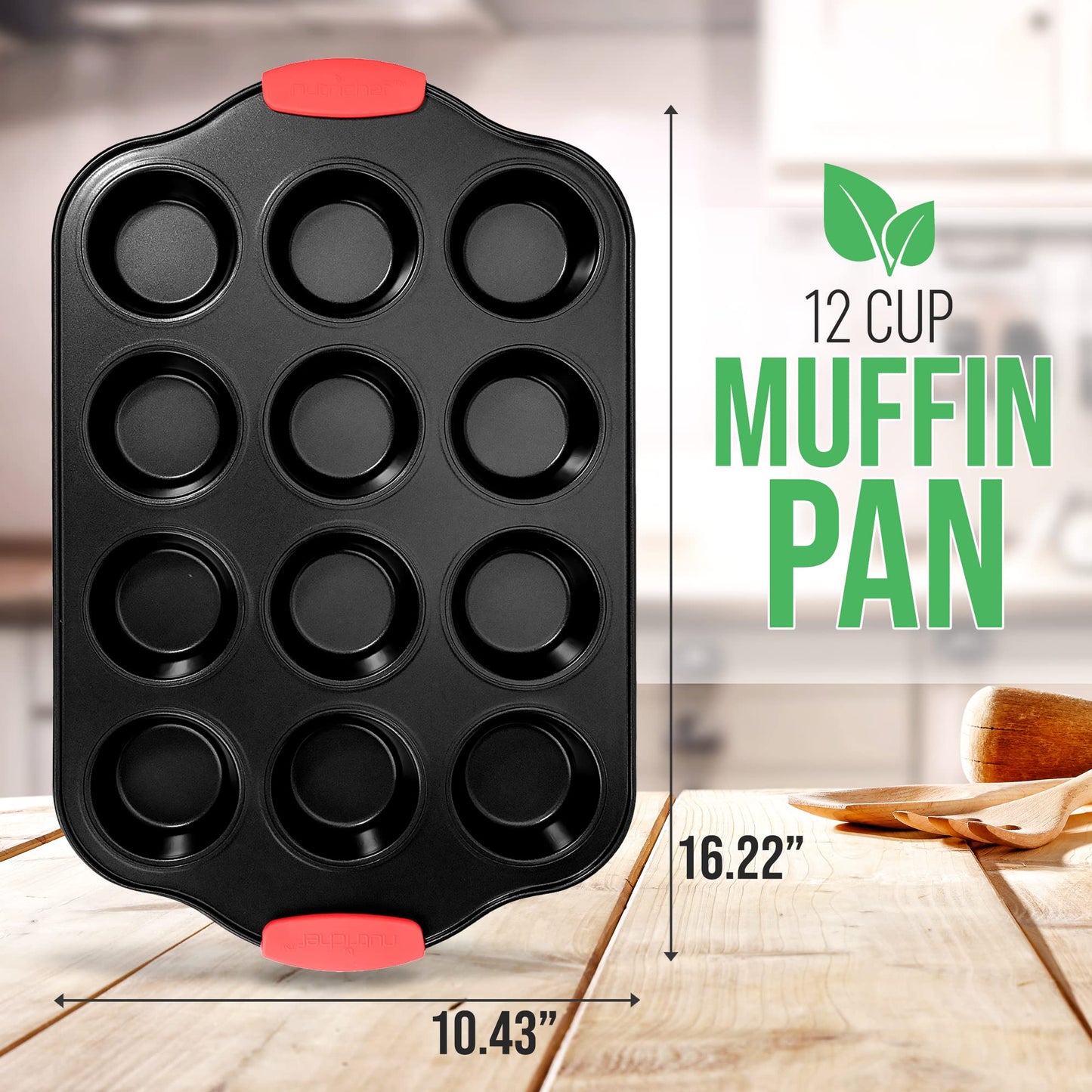Nutrichef 12 Cup Muffin Pan, Durable and Nonstick Carbon Steel Bake Pan with Silicone Handles, Kitchen Essential Cupcake Pan, Stain Resistant, Easy Clean, PFOA, PFOS, PTFE Free, 16.22'' x 10.43''