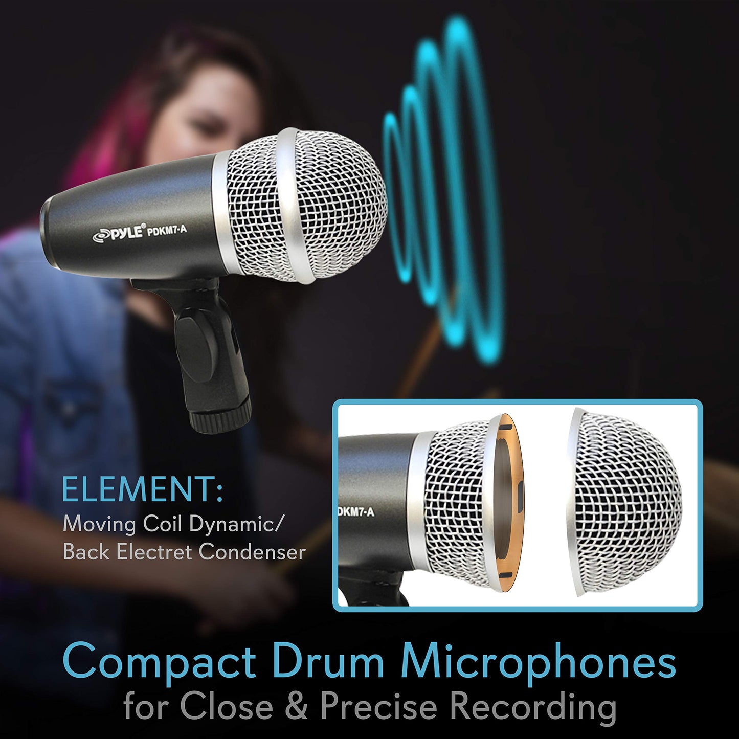 Pyle 7-Piece Wired Dynamic Kit-Kick Bass, Tom/Snare & Cymbals Microphone Set-for Drums, Vocal, & Other Instrument-Complete with Thread Clip, Inserts, Mics Holder & Case, Black
