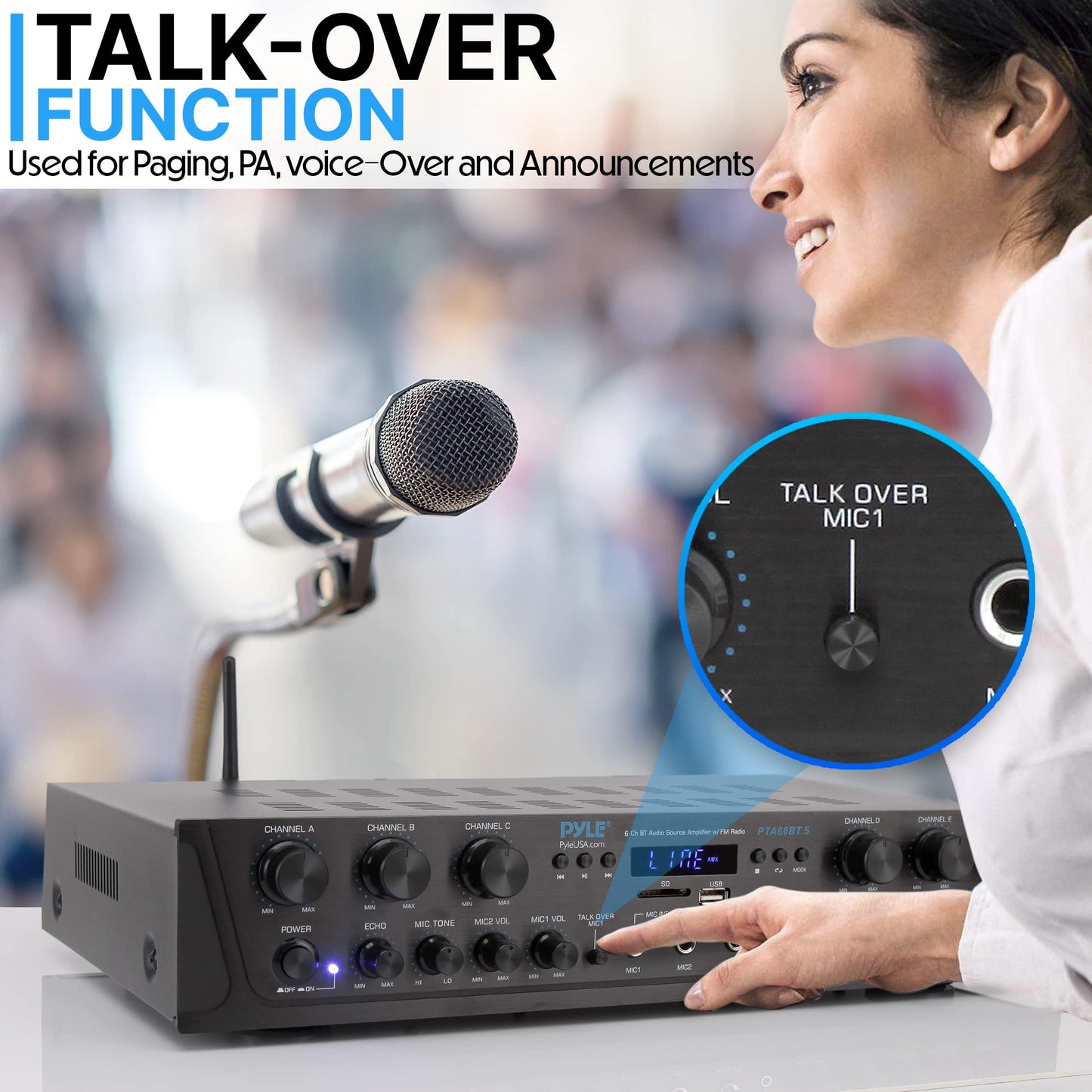 Pyle 600W 6-Channel Bluetooth Stereo Amplifier - Audio Receiver with Digital LCD - Microphone Input - USB - SD - AUX - RCA - FM Radio - Headphone Jack - Multi-Zone Control - PTA66BT