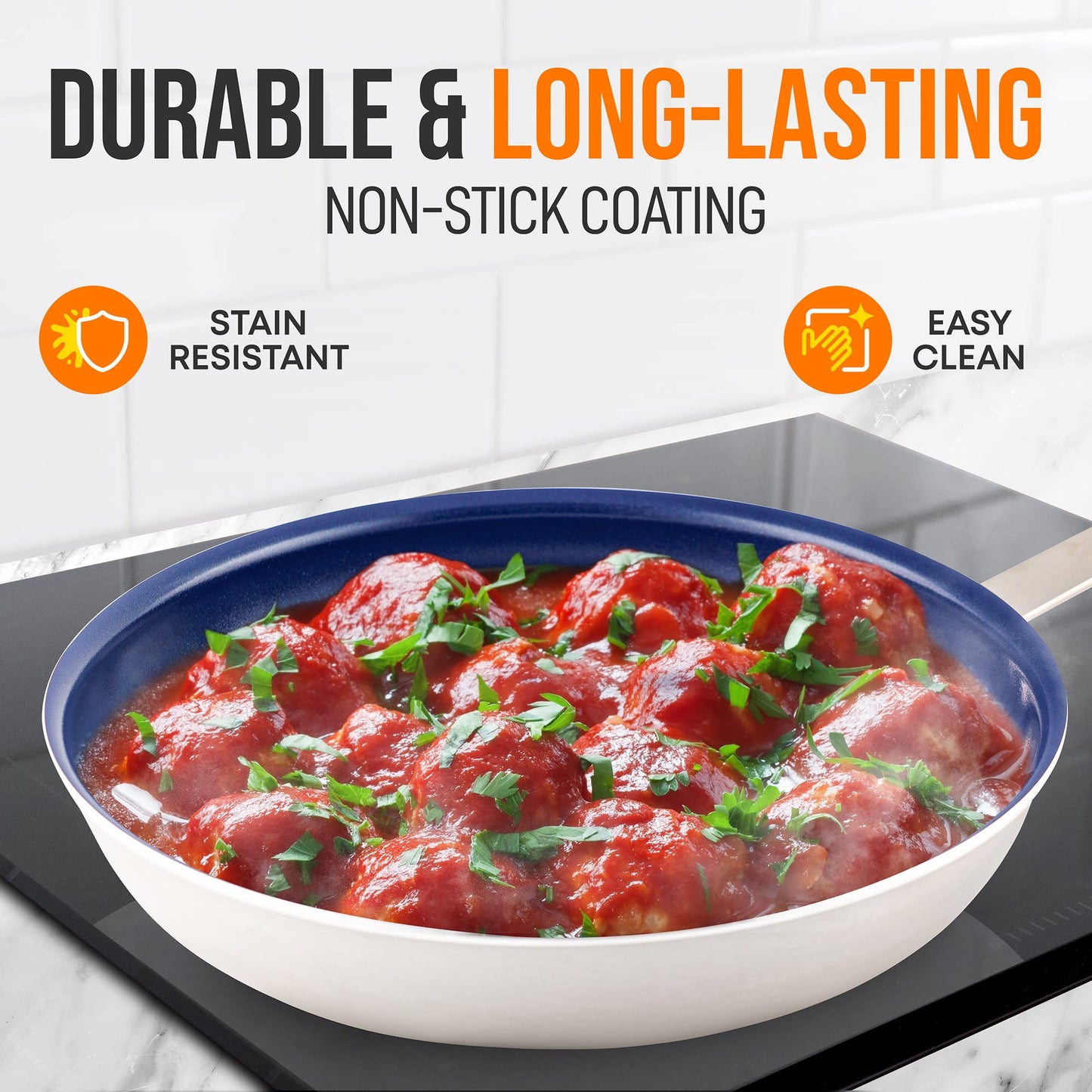 NutriChef 10" Fry Pan With Lid - Medium Skillet Nonstick Frying Pan with Silicone Handle, Ceramic Coating, Blue Silicone Handle, Stain-Resistant And Easy To Clean, Professional Home Cookware