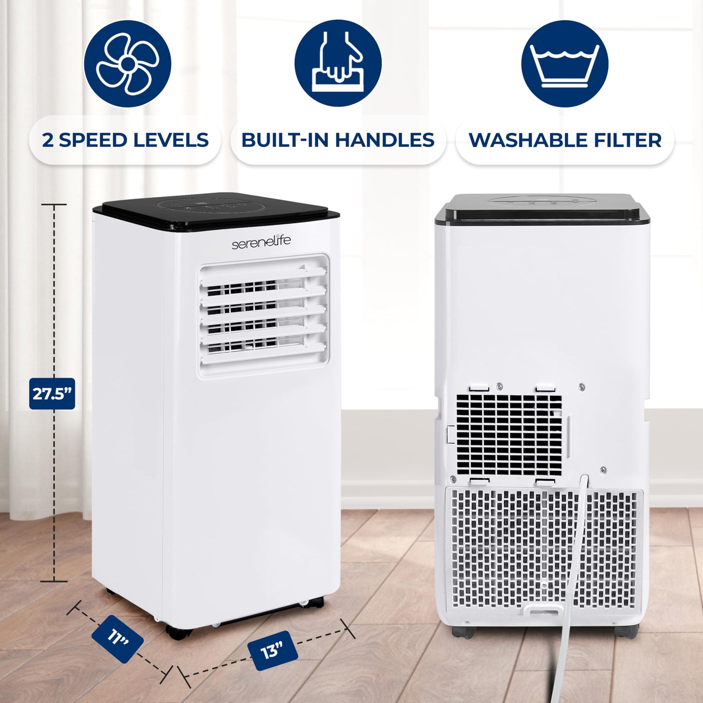 SereneLife 8000 BTU Portable Air Conditioner - 3-in-1 Compact Standing Air Conditioner for Room Up to 300 Sq. Ft. - Floor AC Unit with Remote Control - Universal Casters, Window Mount Kit