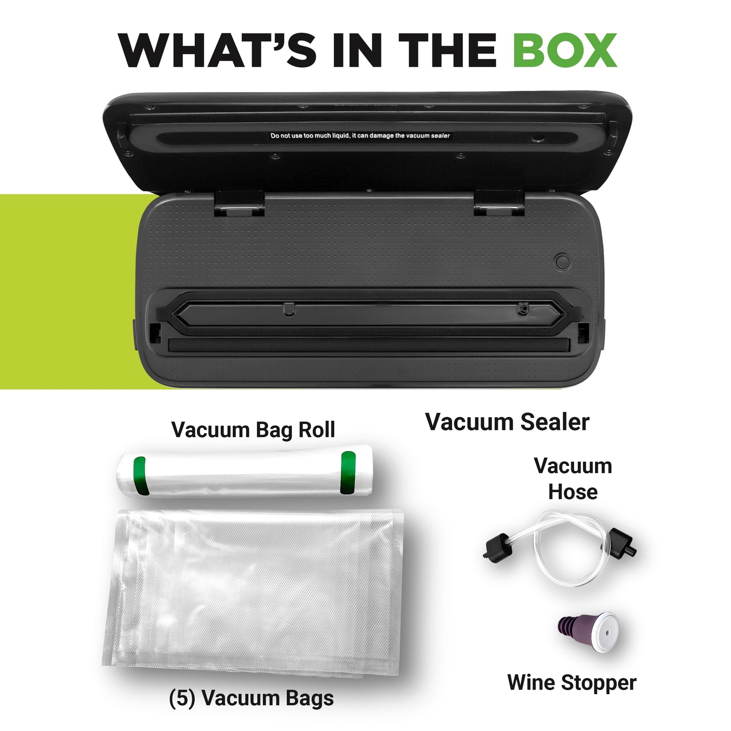 NutriChef Food Vacuum Sealer Machine - Automatic Air Sealing System for Dry & Moist Foods, LED Touch Controls, Includes Vacuum Bags, Hose & Wine Stopper, High Suction Power, 14"x6"x3", Black