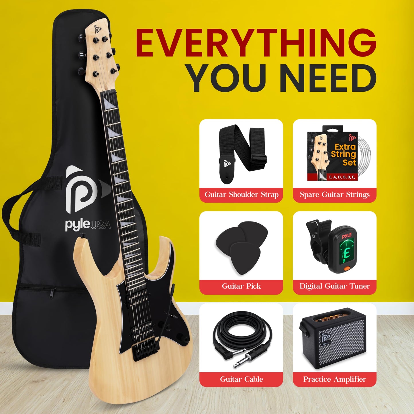 Pyle Prog Rock EG Series Electric Guitar with Amp Kit, 39" Full Size with Dual Humbucker Pickups, Low Profile Neck and Solid Paulownia Body, Premium Accessory Kit Included (Natural)