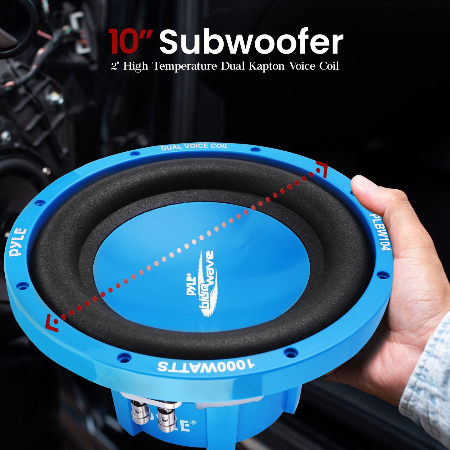 Pyle Car Vehicle Subwoofer Audio Speaker - 10 Inch Blue Injection Molded Cone, Blue Chrome-Plated Plastic Basket, Dual Voice Coil 4 Ohm Impedance, 1000W Power For Vehicle Stereo Sound System PLBW104