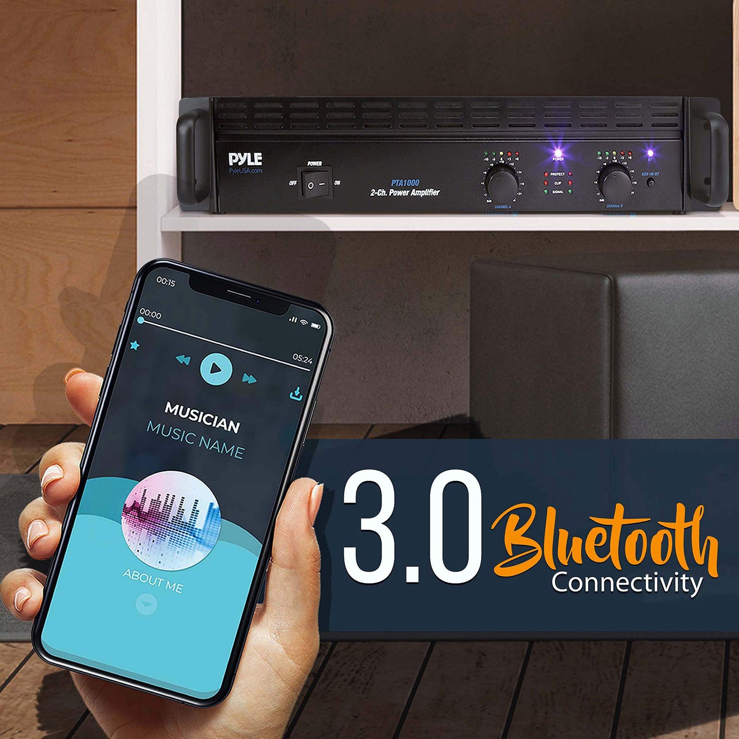 Professional Audio Bluetooth Power Amplifier - 2-Channel Rack Mount Bridgeable, LED Indicators, Shockproof Binding Posts, Cooling Fans 1000 Watt - Pyle PTA1000