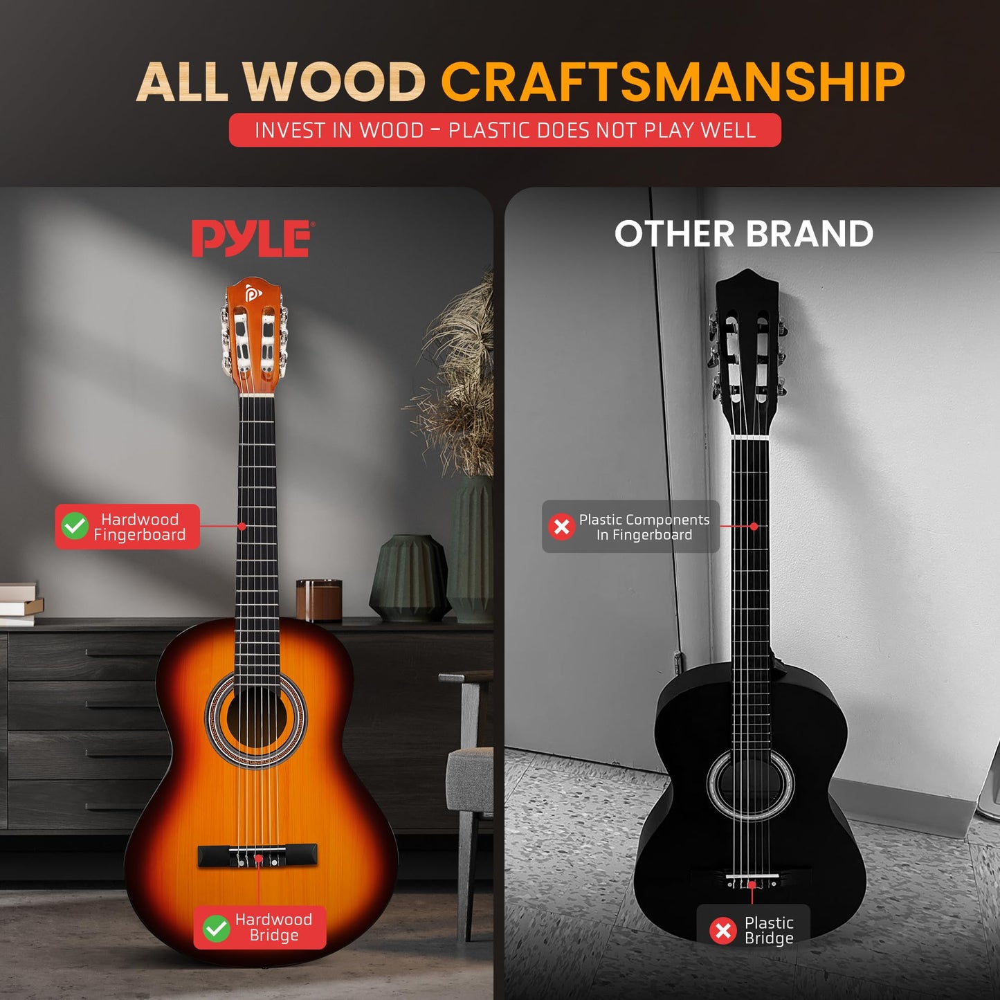Pyle Beginner Acoustic Guitar Kit, 3/4 Junior Size All Wood Instrument for Kids, Adults, 36" Sun Burst
