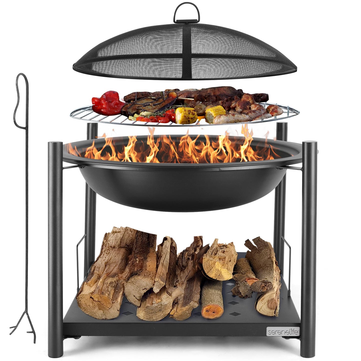 SereneLife 26" Outdoor Wood Fire Pit with BBQ Grill, Mesh Screen, and Wood Storage – Heavy-Duty Steel Frame, Heat-Resistant – Ideal for Bonfires, Camping, and Outdoor Cooking