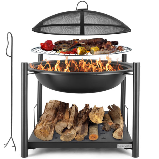 SereneLife 26" Outdoor Wood Fire Pit with BBQ Grill, Mesh Screen, and Wood Storage – Heavy-Duty Steel Frame, Heat-Resistant – Ideal for Bonfires, Camping, and Outdoor Cooking