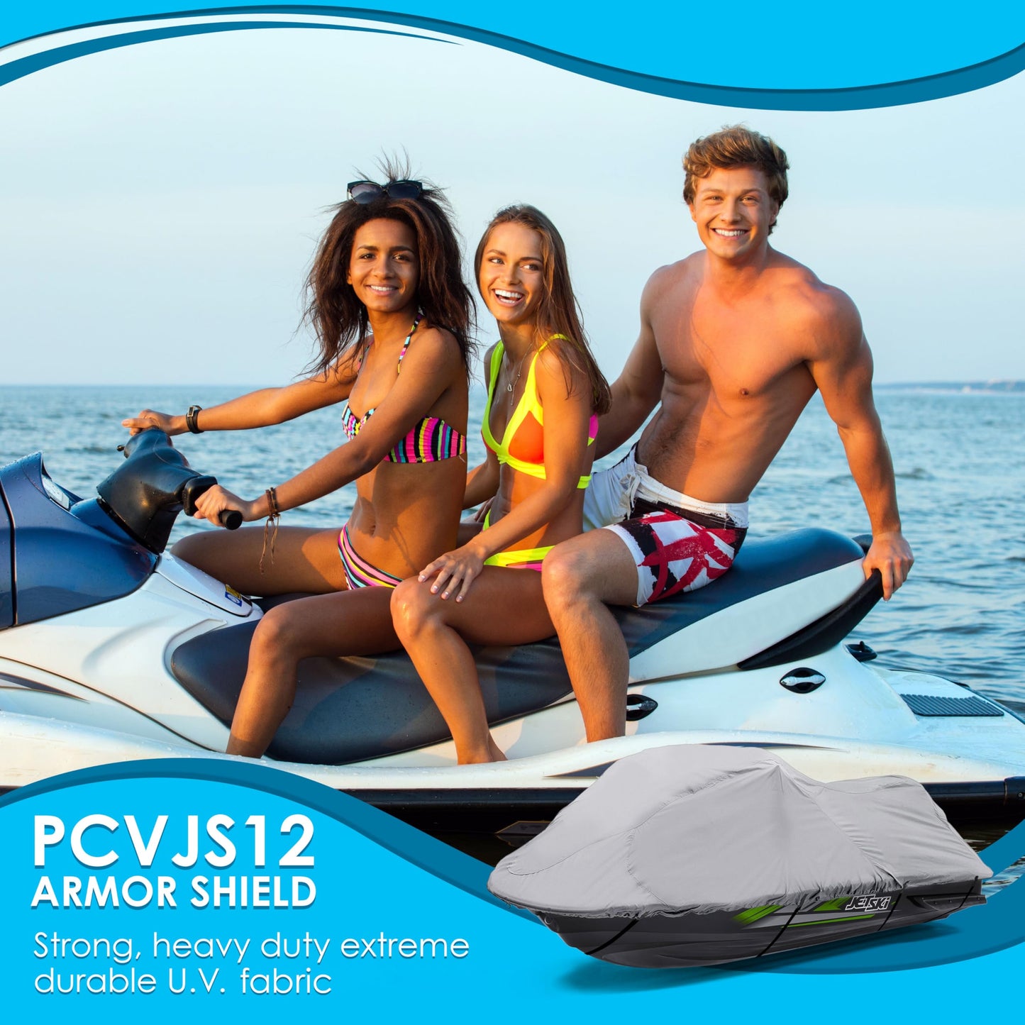 Heavy Duty Jetski Storage Cover - 118” to 126” Marine Grade Boat Cover with Rear Air Vents, Waterproof & Weather Resistant Fabric & Elastic Cord for Tight Custom Fit - Pyle PCVJS12