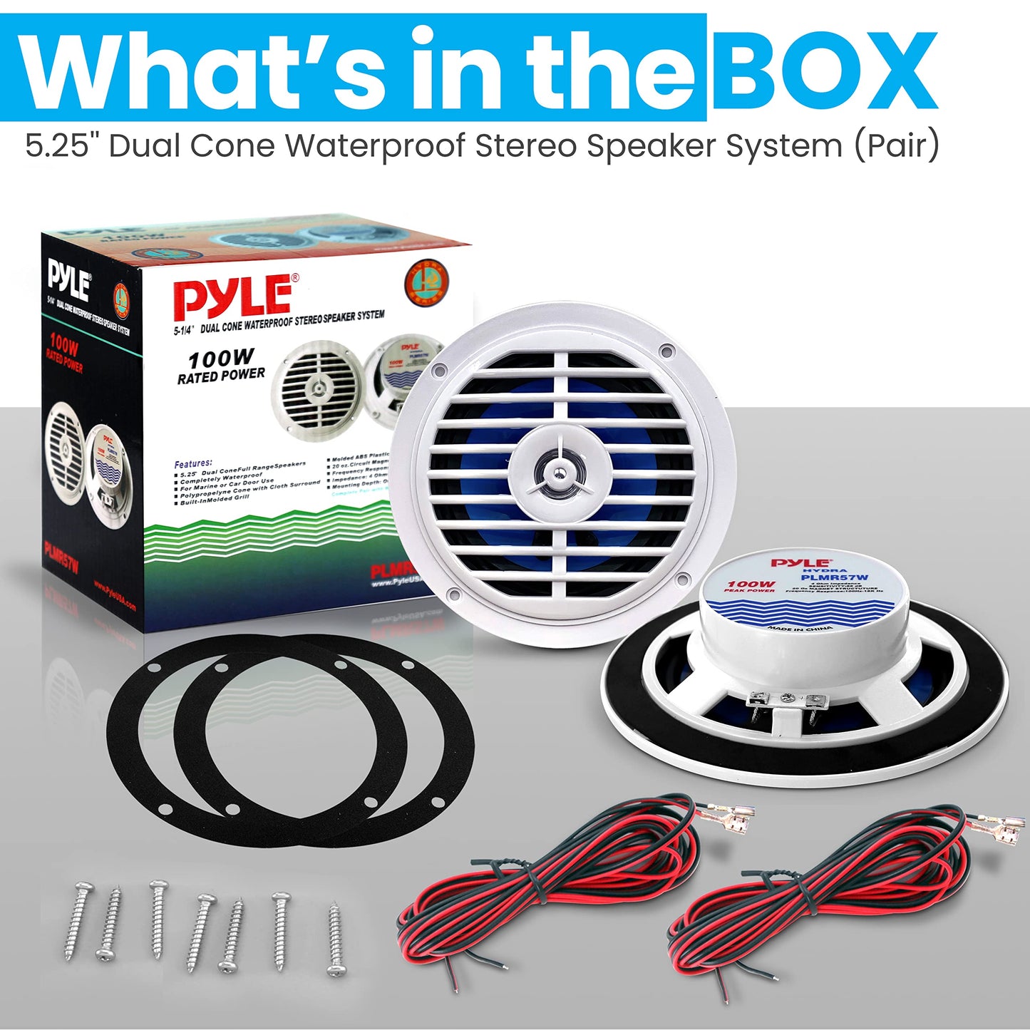 Pyle 5.25 Inch Dual Marine Speakers - 2 Way Waterproof and Weather Resistant Outdoor Audio Stereo Sound System with 100 Watt Power, Polypropylene Cone and Cloth Surround - 1 Pair - PLMR57W (White)