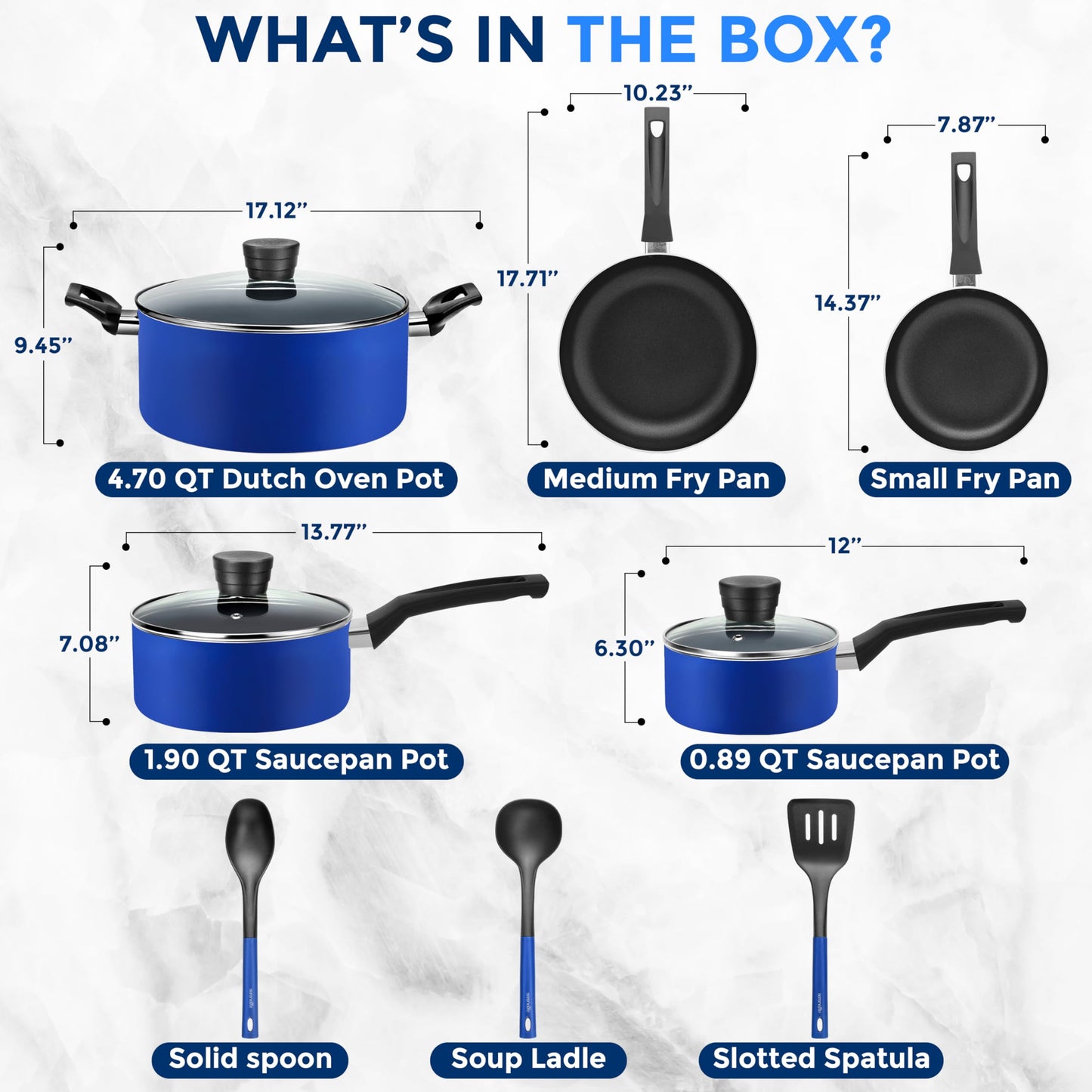 SereneLife Kitchenware Pots & Pans Basic Kitchen Cookware, Black Non-Stick Coating Inside, Heat Resistant Lacquer (11-Piece Set), One Size, Blue