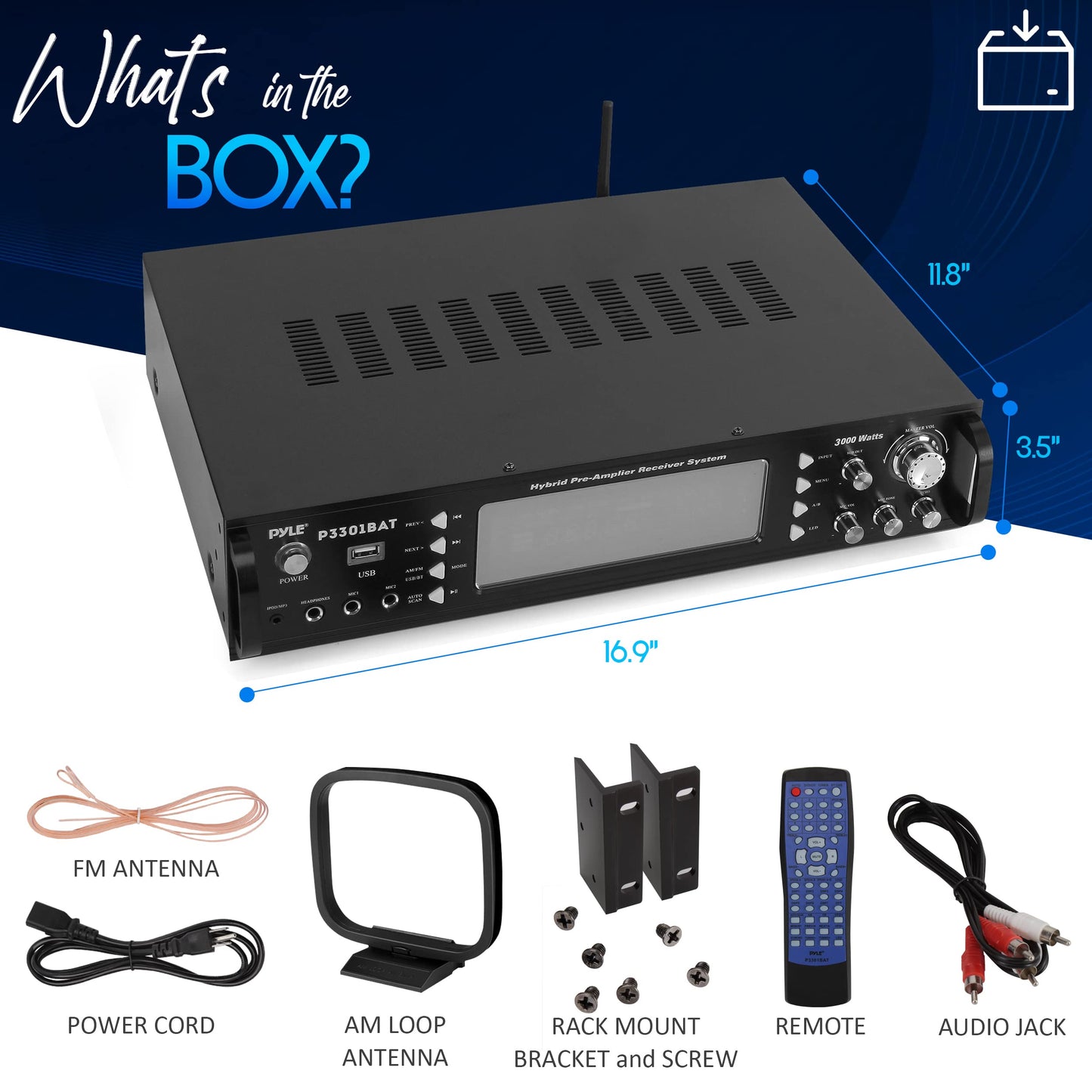 Pyle 3000W Bluetooth 5.0 Home Stereo Amplifier - Hybrid Multi-Channel Audio Receiver w/ AM/FM Radio - MP3/USB - AUX - RCA - 2 Mic Inputs - Speaker Selector - Rack Mount - Remote - P3301BAT