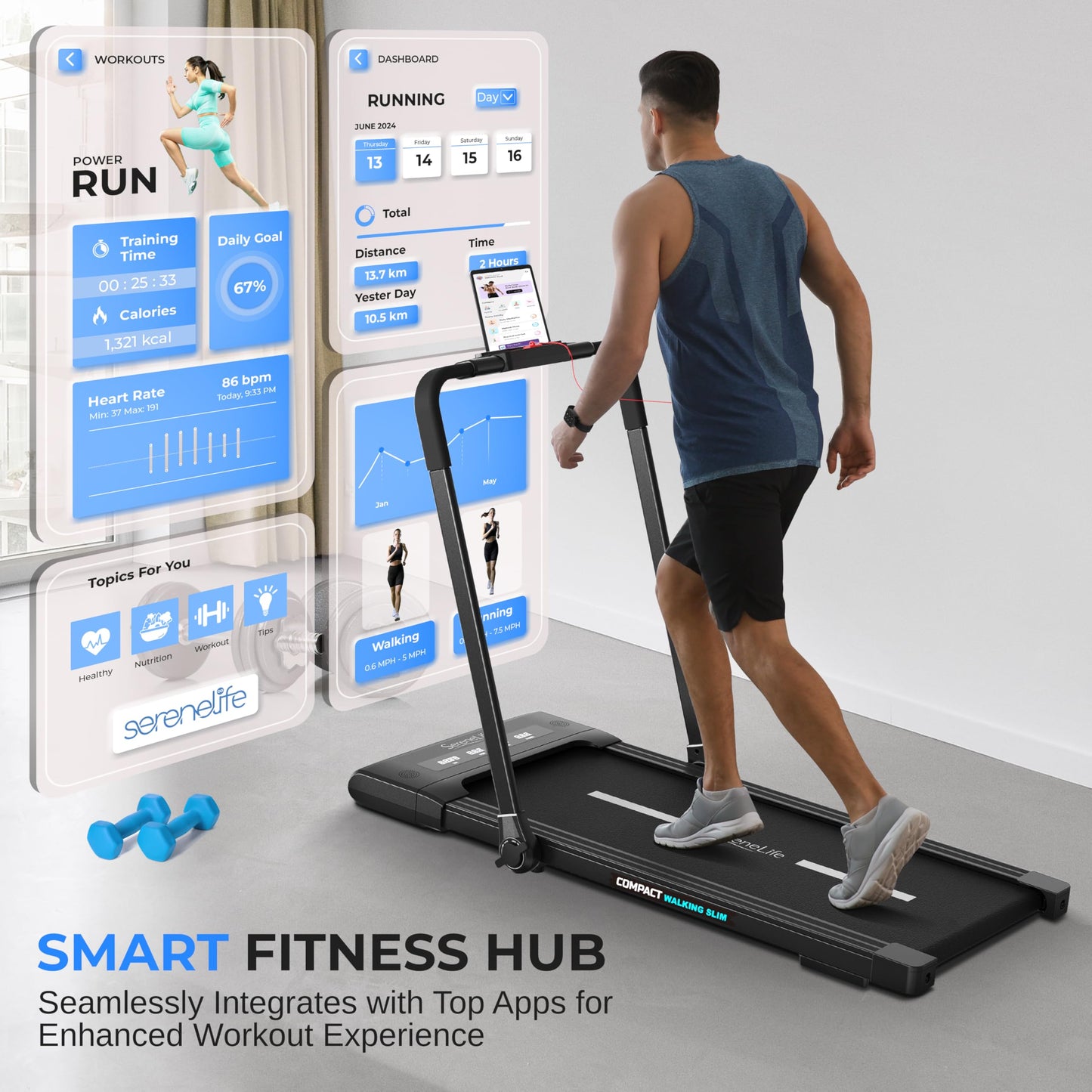 SereneLife Foldable 2 in1 Treadmill & Walking Pad with Remote Control, Speed 7.6 MPH Compact Under Bed, 2.5 HP, App Support, Easy Assembly and Storage, for Walking or Jogging, 265lbs Capacity