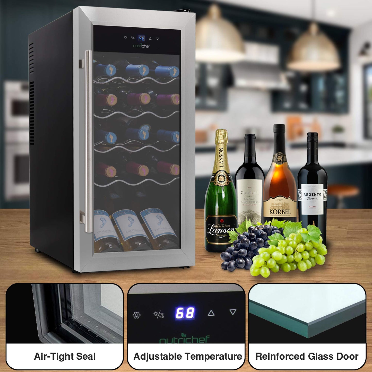 NutriChef PKCWC18 18 Bottle Fridge Slim Mini Cooler with Adjustable Temperature Control, Quiet Operation, for Red and White Wine, 30x13x17 in, Black