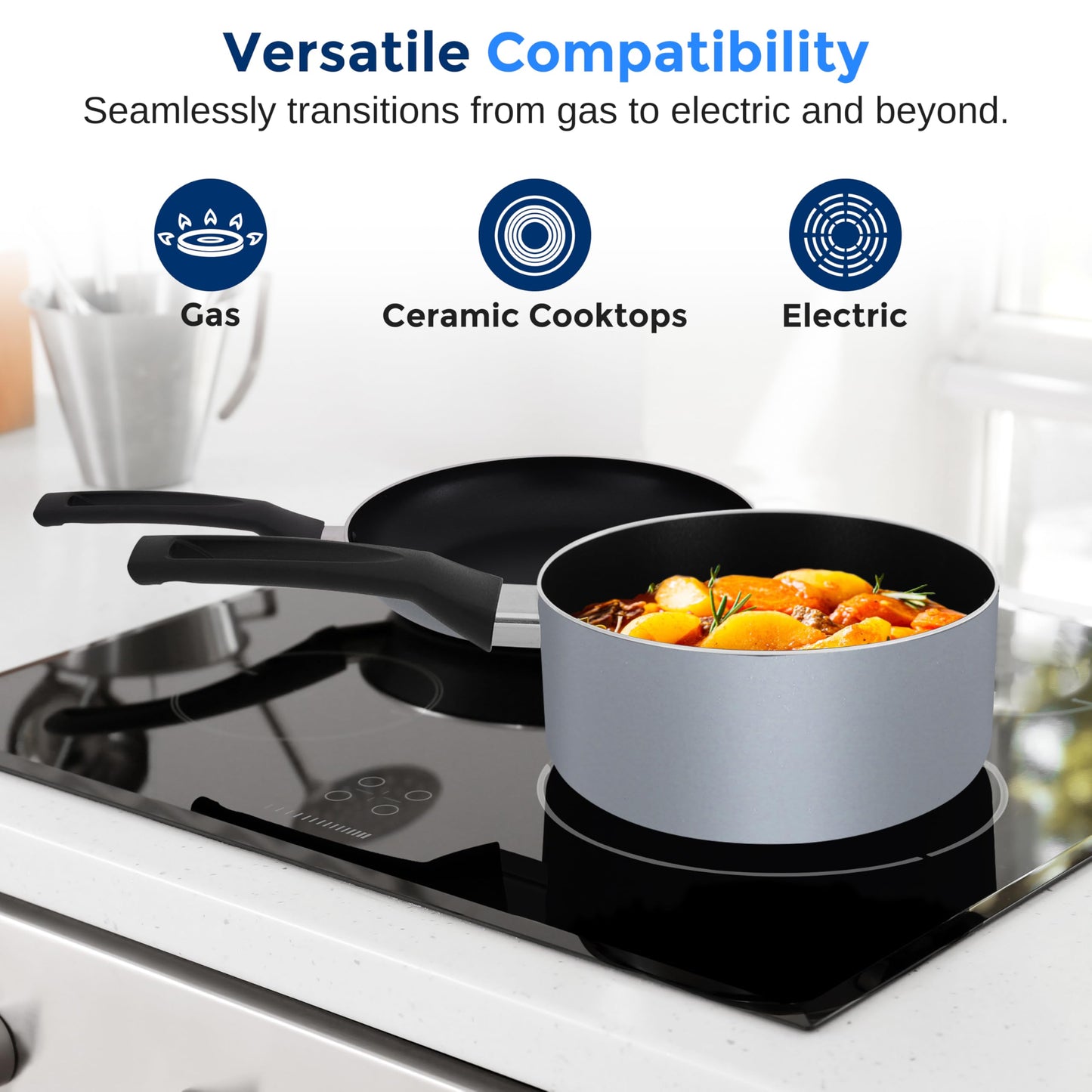 SereneLife Kitchenware Pots & Pans Basic Kitchen Cookware, Black Non-Stick Coating Inside, Heat Resistant Lacquer (15-Piece Set), One Size, Gray