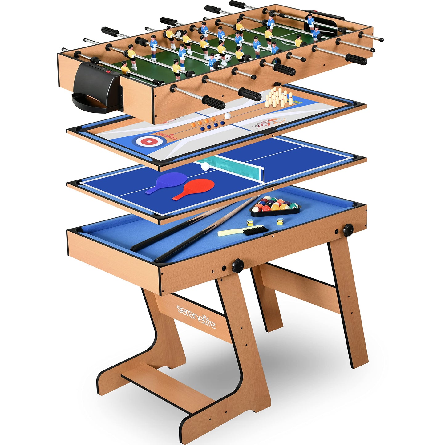 SereneLife 5in1 Folding Multi Game Table, 40" Full Size Combo Sports Arcade Game with Foosball Soccer, Ping Pong, Pool Billiards, Bowling & Shuffleboard Set, Wood Construction for Play Rec Room