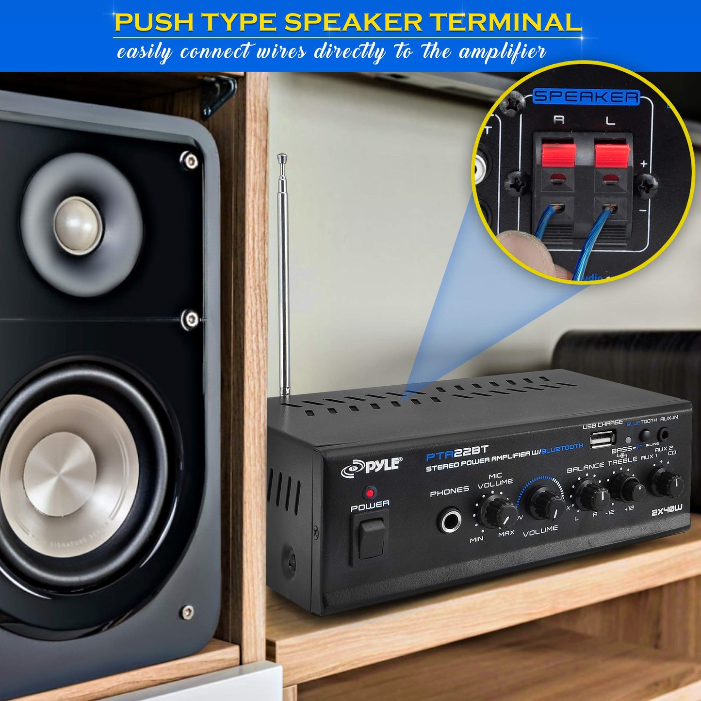 Pyle Bluetooth 5.0 Mini Home Audio Amplifier - 40W x 2 Compact Desktop Stereo Receiver with USB - SD - FM - Mic Input - Pager & Mixer Karaoke Modes - RCA Input - AUX - Headphone Jack - PTA22BT