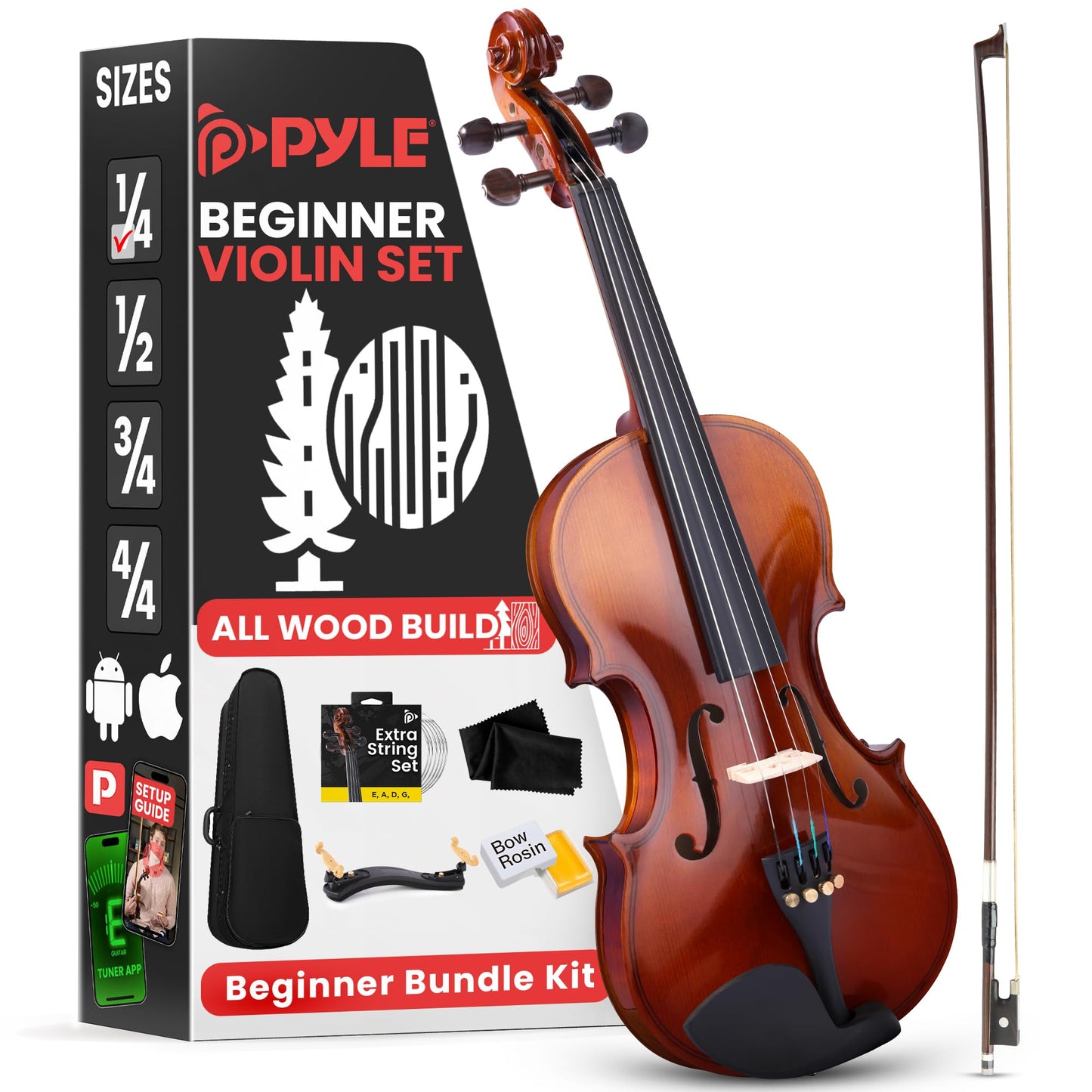 Pyle 1/4 Size Beginner Violin Starter Kit, Violin Starter Package with Travel Case & Bow, Extra Strings, Digital Tuner, Shoulder Rest & Cleaning Cloth for Students, Kids, Adults