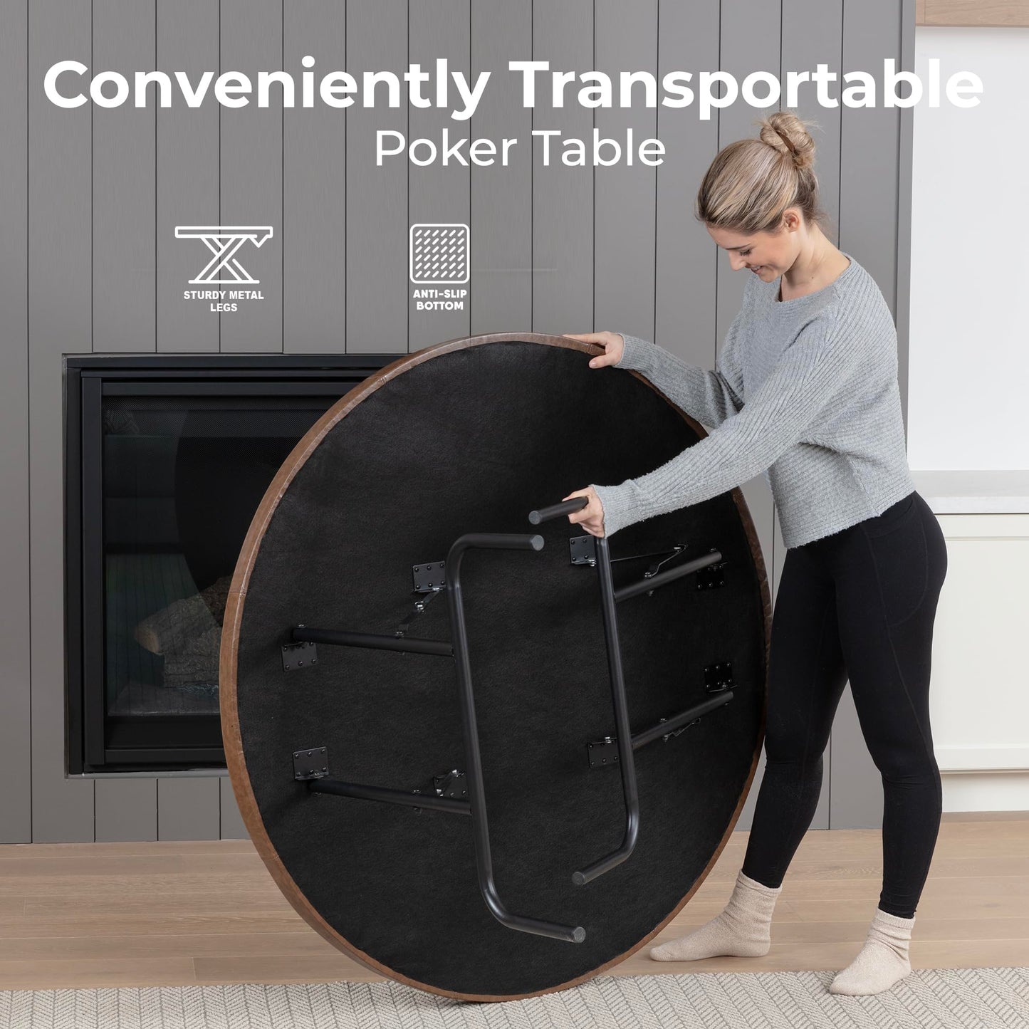 SereneLife 8- Player Round Foldable Poker Table, Casino Leisure Texas Holdem Table, w/ water Resistant Cushioned Rail, 8 Cup Holders, Brown Felt Surface, Black Jack Board & Family Games (Chocolate)