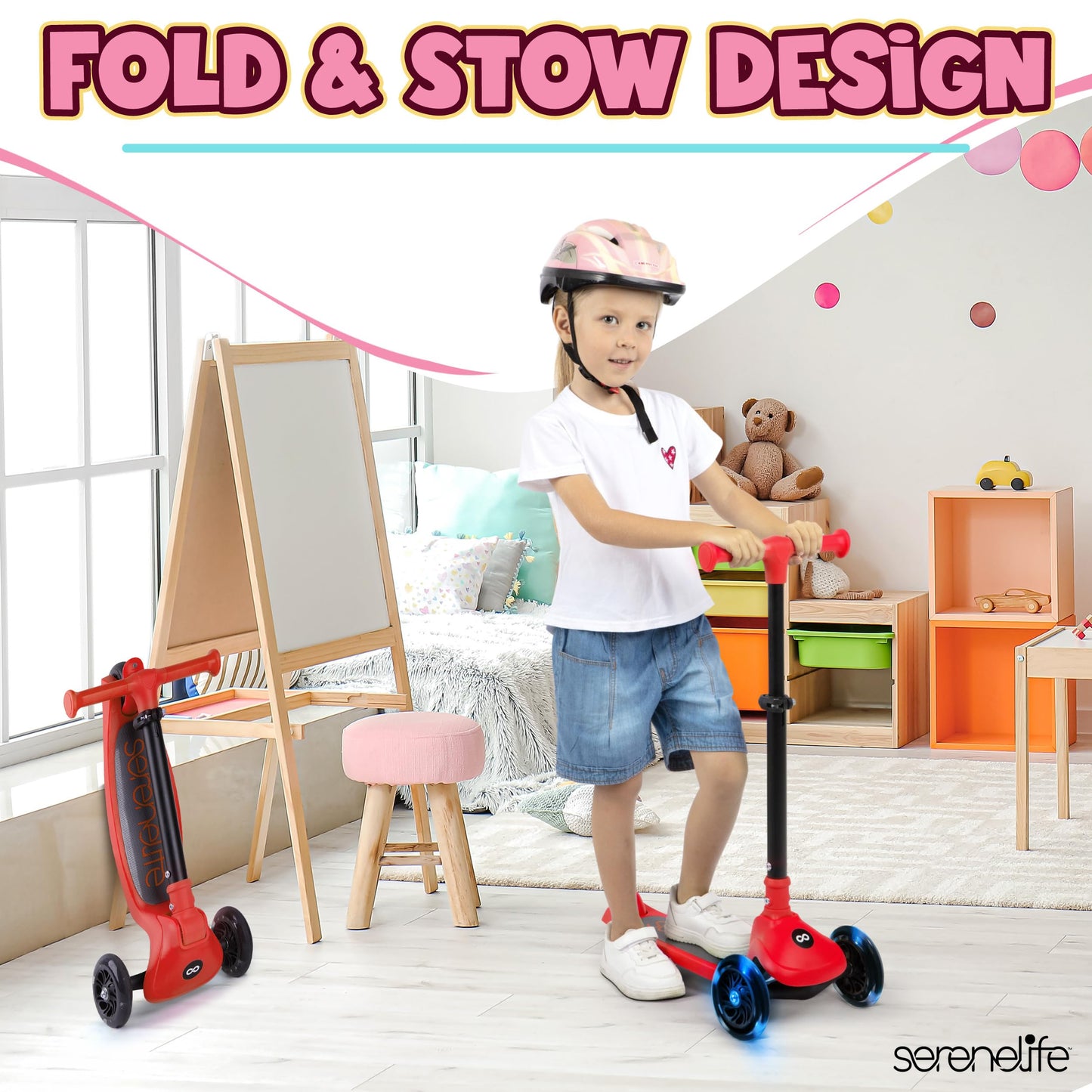 SereneLife 3-Wheel Foldable Kids Scooter – LED Wheel Lights, Adjustable Handlebar, Rear Foot Brake, Lean-to-Steer, Anti-Slip Deck – Ideal for Toddlers & Kids 3+, up to 110 lbs