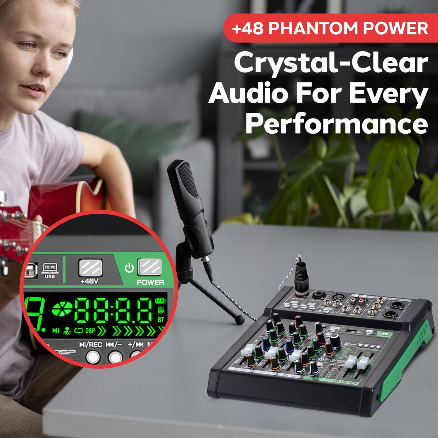 Pyle 6-Channel Audio Mixer - Bluetooth 5.0 Studio Mixer/DJ Controller with Digital Effects - USB Interface - MP3 Compatible - XLR Inputs and LED Display - Audio Mixing Sound Board System - PMX506