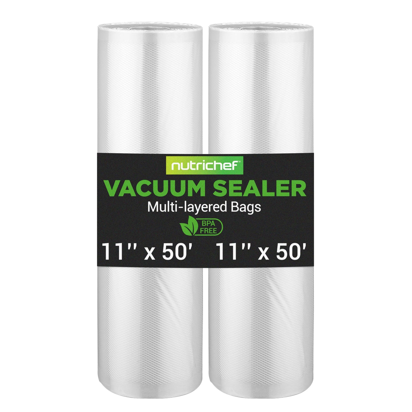 NutriChef Vacuum Sealer Bags 11x50 Rolls 2 pack for Food Saver, Seal a Meal, NutriChef, Weston. Commercial Grade, BPA Free, Heavy Duty, Great for vac storage, Meal Prep or Sous Vide