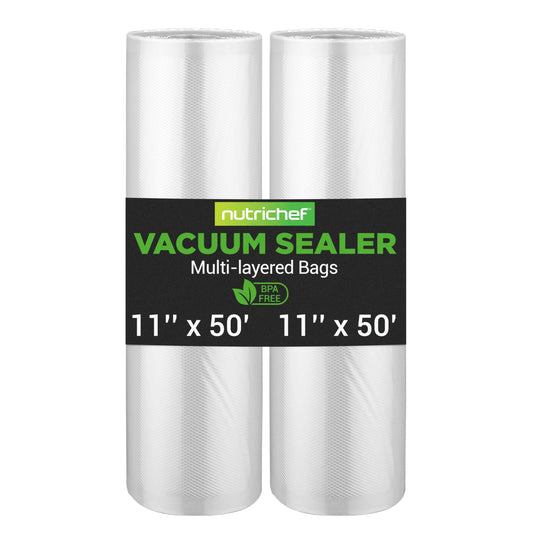 NutriChef Vacuum Sealer Bags 11x50 Rolls 2 pack for Food Saver, Seal a Meal, NutriChef, Weston. Commercial Grade, BPA Free, Heavy Duty, Great for vac storage, Meal Prep or Sous Vide
