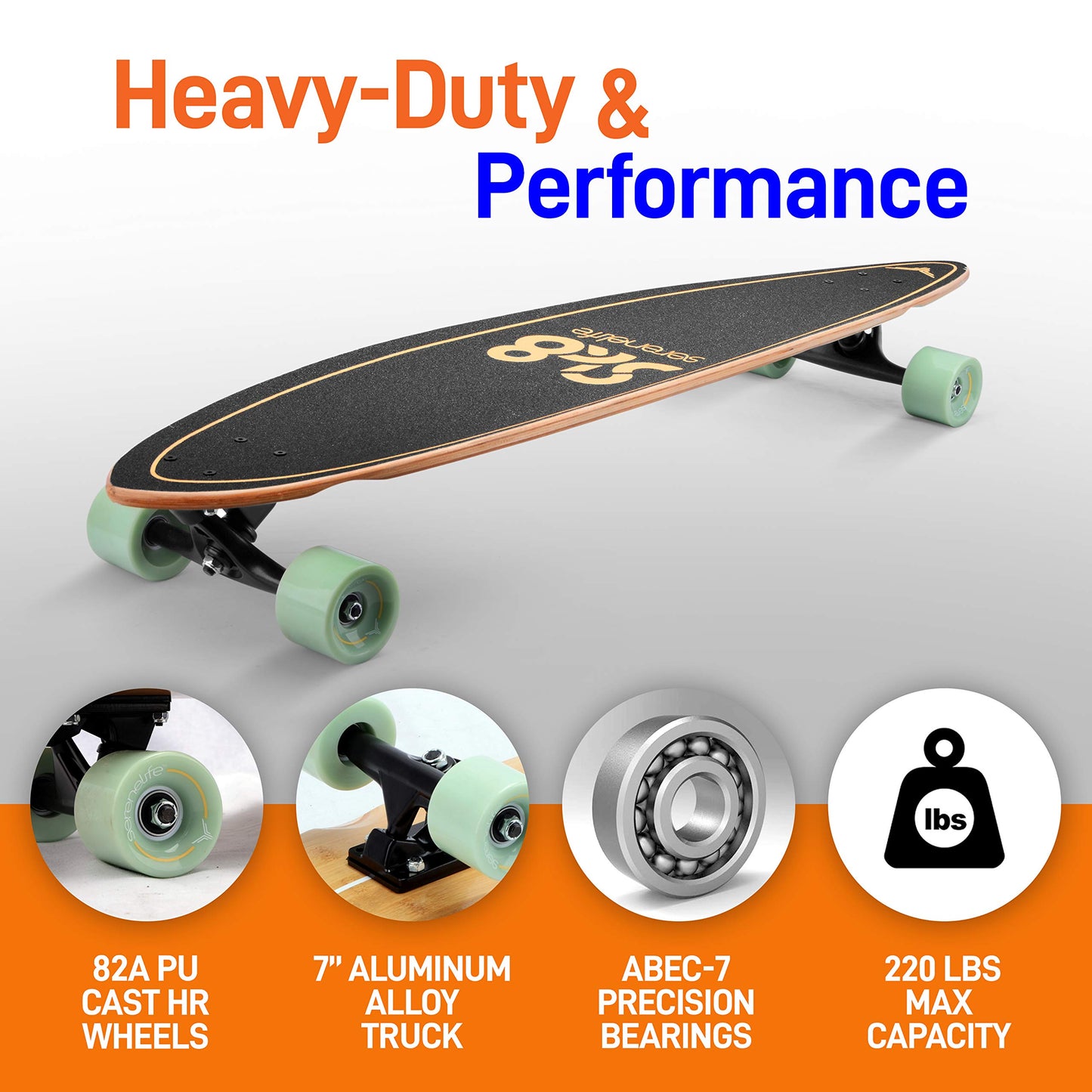 SereneLife Complete Standard Skateboard Mini Cruiser - 8 Ply Canadian & Bamboo Maple Deck Complete Flat Concave Skate Board W/ 7" Aluminum Trucks - For Kids, Teens, Adults - SereneLife SL7SBGR (Green)