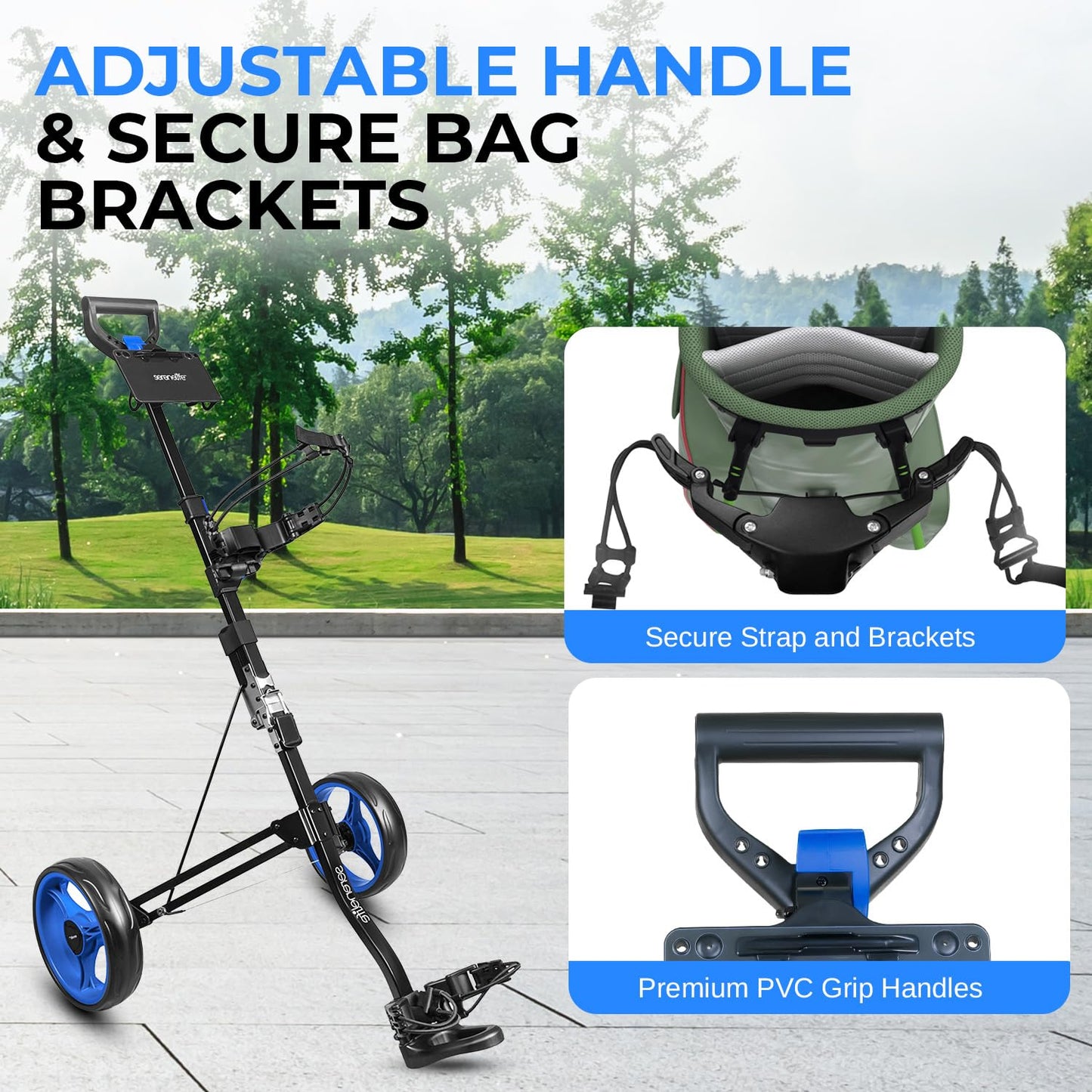 SereneLife 2-Wheel Golf Push Cart – Lightweight Foldable Aluminum Pull Trolley with Elastic Straps, Adjustable Handle, Quick Brake & Compact Design – Easy Storage Golf Caddy with 33 lb Load Capacity