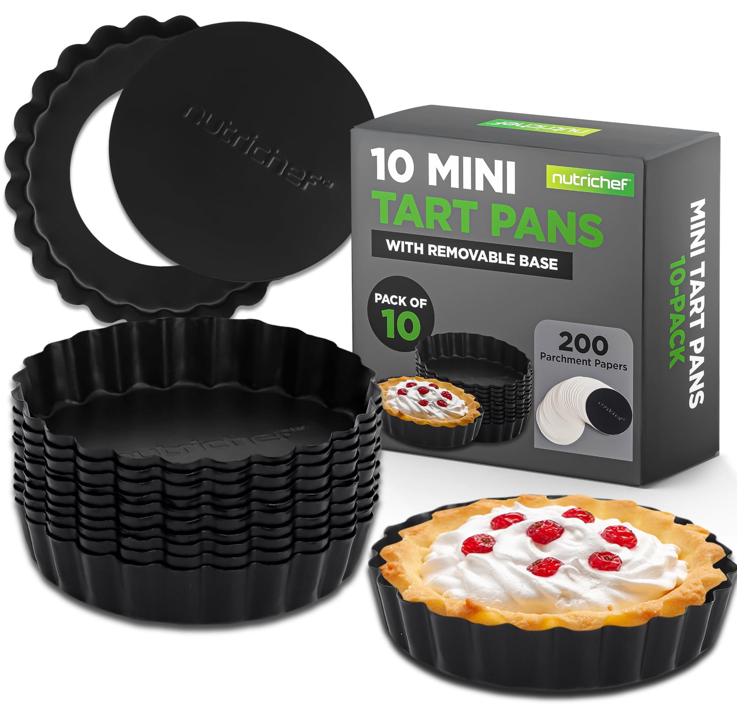 NutriChef Mini Tart Pans 10 Nonstick Molds With Removable Bottoms | 4 Inch Heavy Duty Steel Quiche Pans | Oven & Dishwasher Safe | Fluted Sides for Sweet & Savory Foods | Includes 200 Parchment Papers