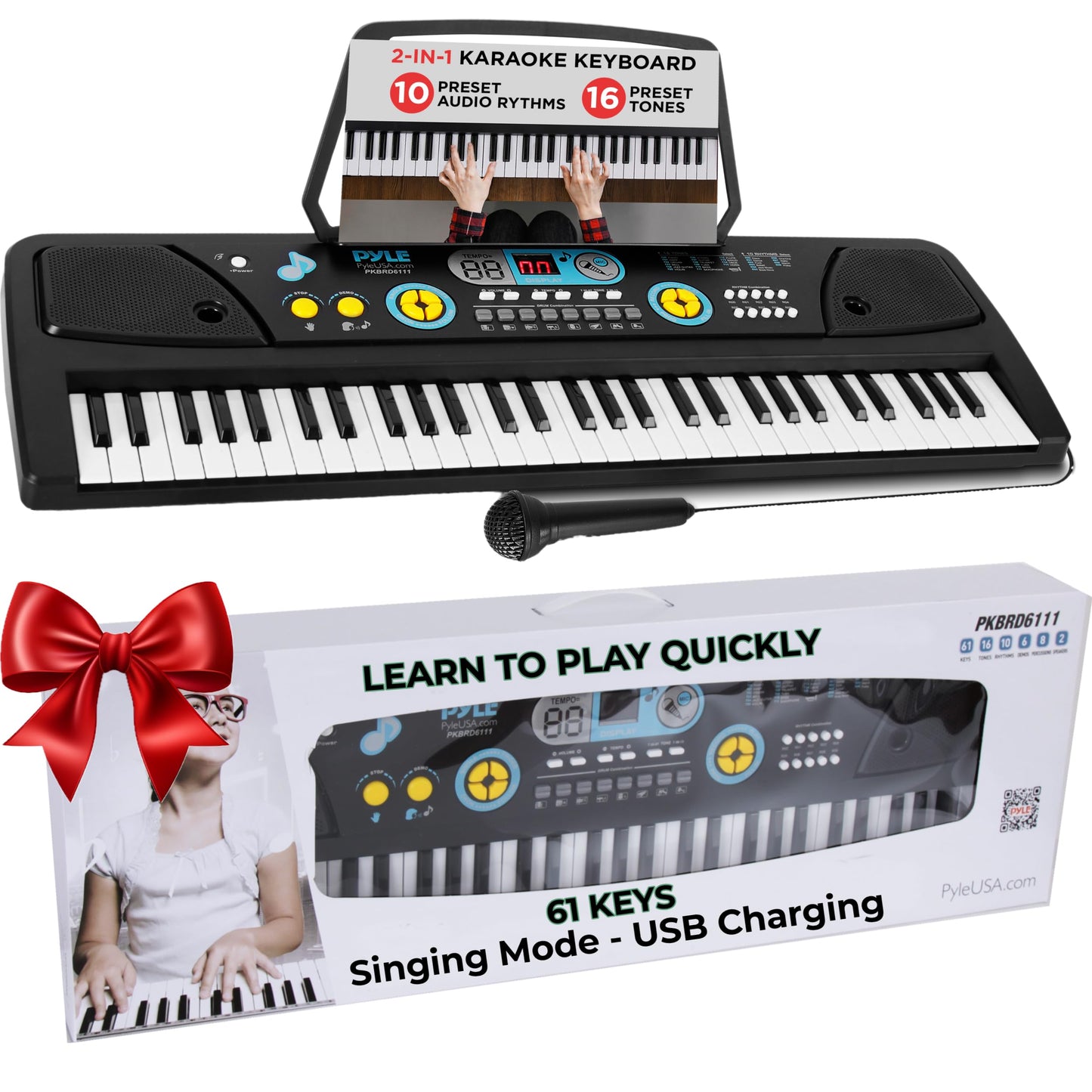 PYLE Digital Piano Kids Keyboard - Portable 61 Key Piano Keyboard, Learning Keyboard for Beginners w/ Drum Pad, Recording, Microphone, Music Sheet Stand, Built-in Speaker- 3 4 5 6 Year Old Girls, Boys