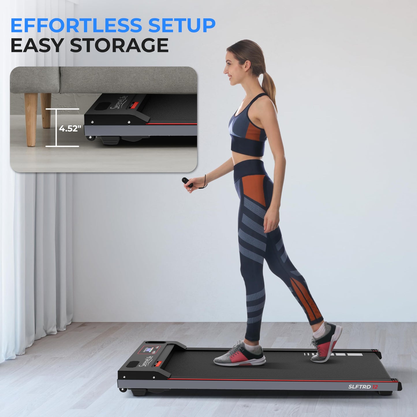 SereneLife Walking Pad Treadmill with Remote Control, 0.6 – 8.7 MPH Smart Speed Control, Walking Mat, Under Desk Treadmill for Home Office, Shock Absorption, App Support, 265lbs Limit