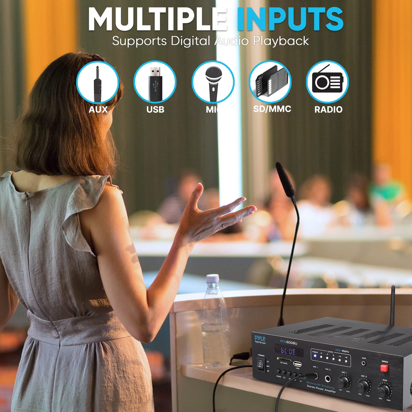 Pyle 300W Bluetooth Karaoke Amplifier - 2-Channel PA System with FM Radio - USB/SD - AUX - 2 Mic Inputs - Siren Alarm - 12V Power Option - Remote Control for Home - Car - Bus Tours - PFA600BU