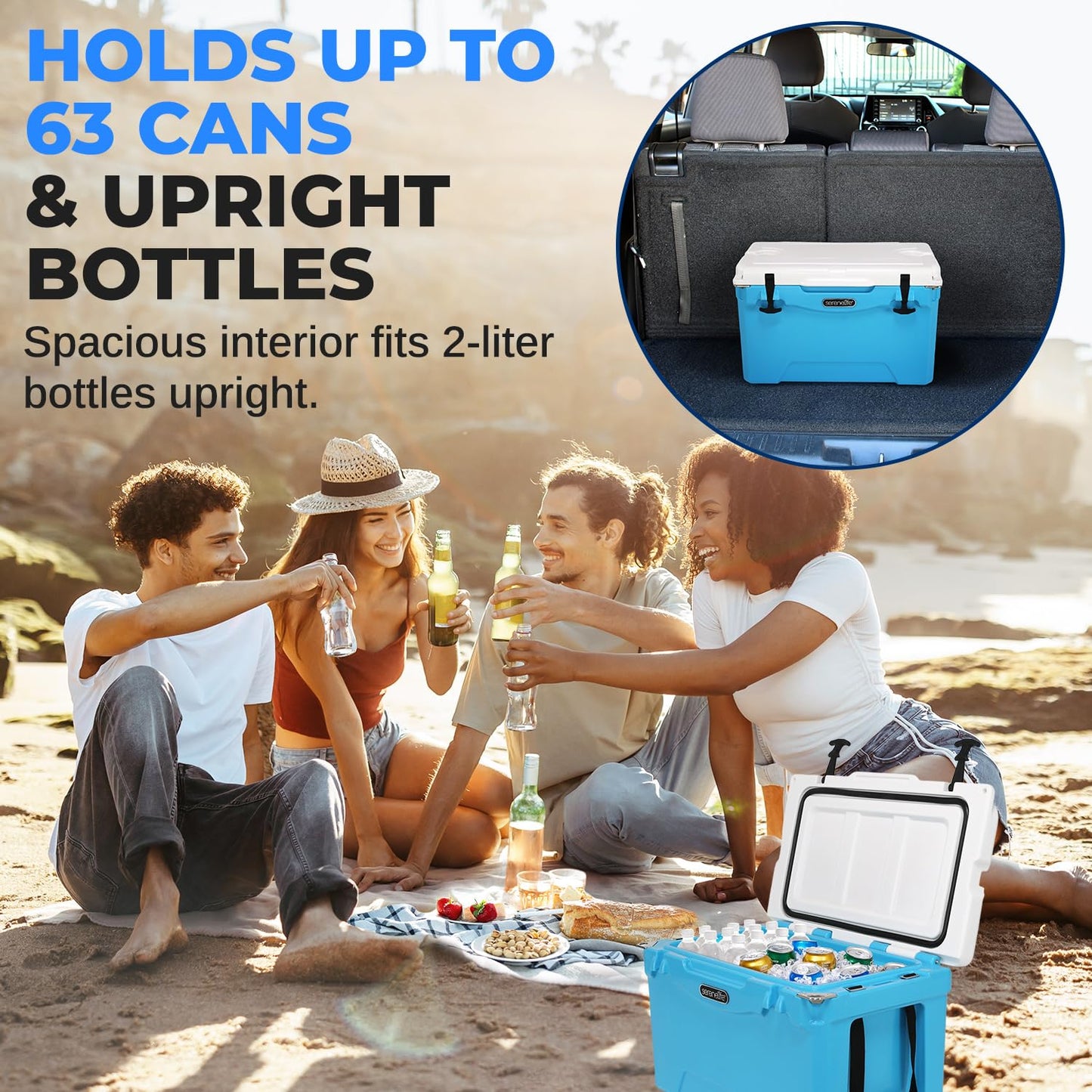 Serenelife 35 Quart Portable Cooler Box - Lightweight Heavy-Duty Travel Ice Cooler with 2-Way Handles, Drain - 5 Days Ice Retention, Holds 63 12-Ounce Cans & 2-liter Bottles (Blue)