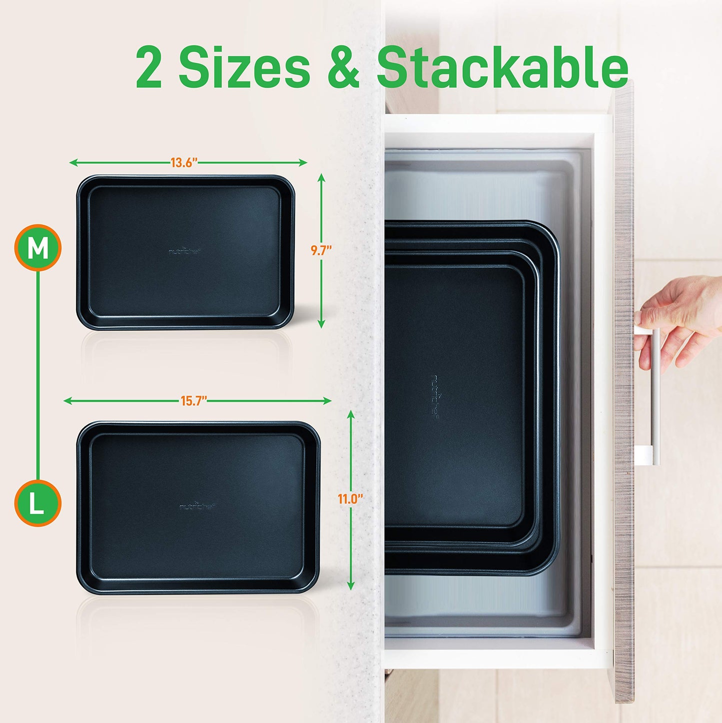 NutriChef Non-Stick Cookie Sheet Baking Pans, 2-Piece Oven Baking Trays w/ Superior Nonstick Coating - 15" x 11" & 13" x 9" Sizes for Convenient Roasting & Baking - Dishwasher Safe