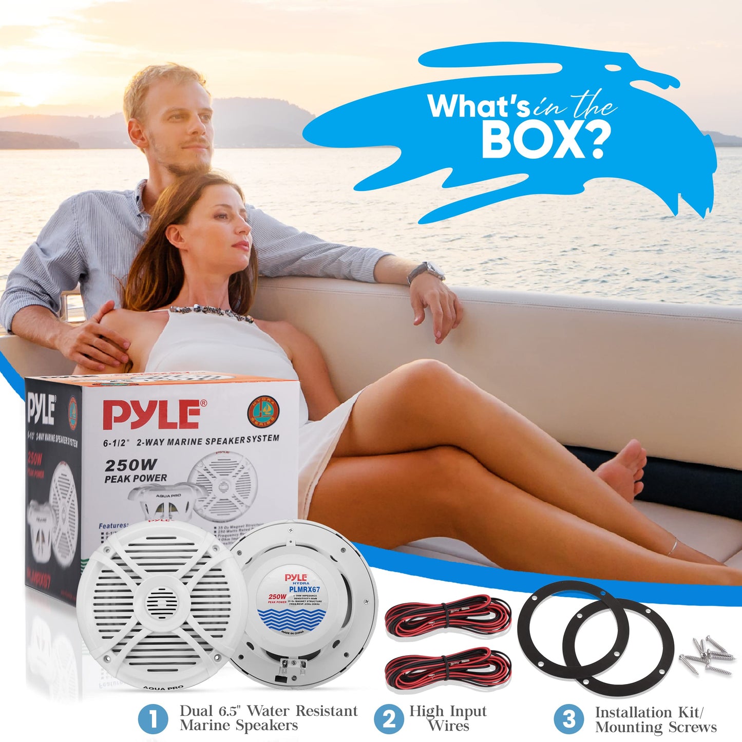 Pyle 250 Watt Marine Speaker System - Water Resistant Dual 2 Way 6.5 Inch Outdoor Stereo Audio Sound Speakers w/ 65Hz-20kHz Frequency Response, Heavy Duty 35oz Magnet Structure - Pyle PLMRX67 (White)