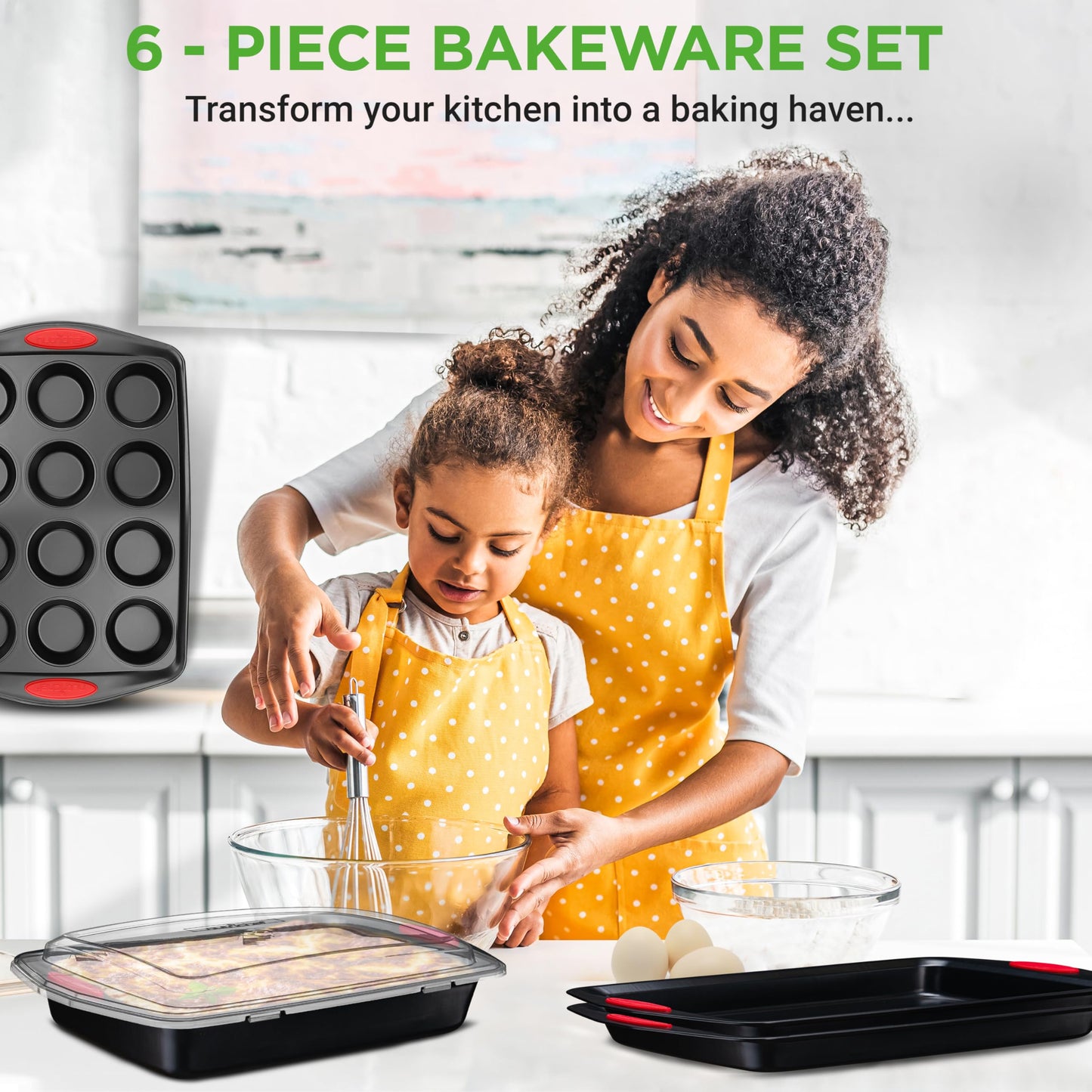 NutriChef 6-Piece Nonstick Baking Pan Set - Premium Steel Bakeware w/Silicone Handles - Includes 2 Baking Sheets, 12-Cup Muffin, Loaf, & Roaster Pan w/BPA-Free Lid - Easy to Clean, Black