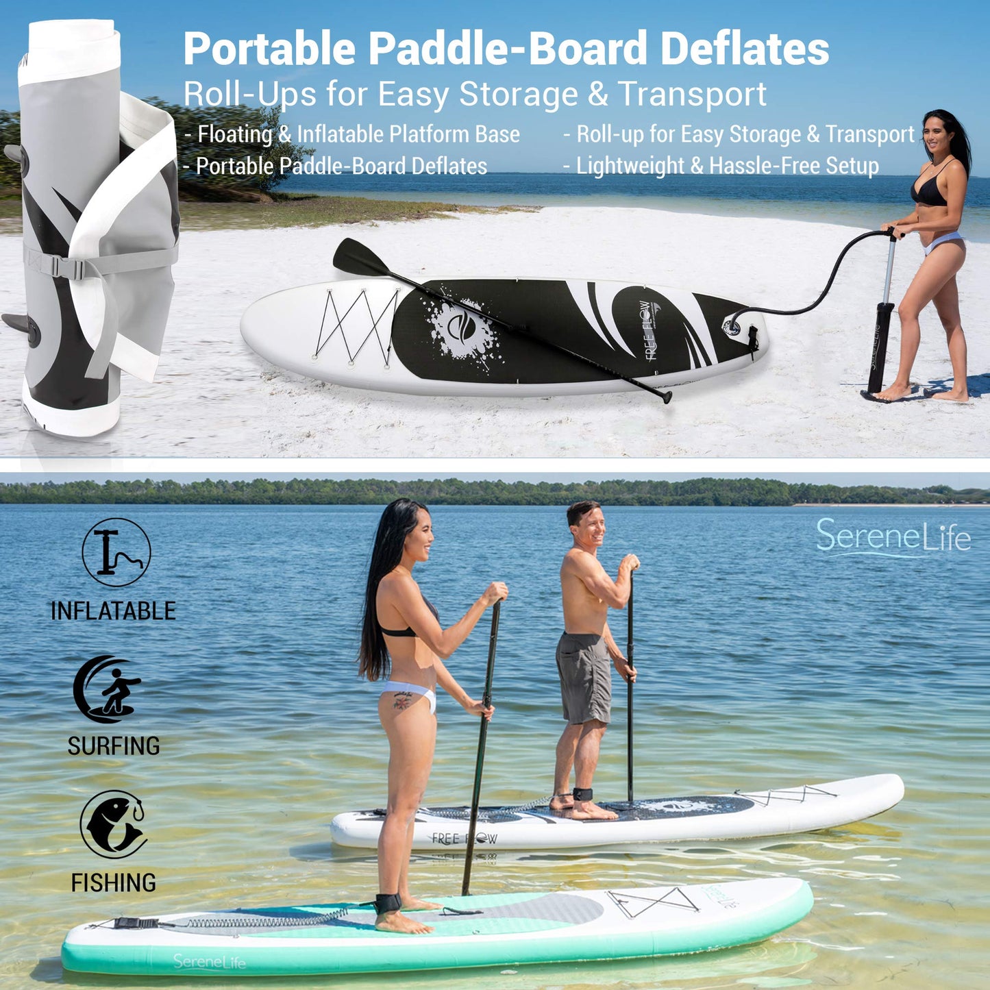 SereneLife Inflatable Stand Up Paddle Board (6 Inches Thick) with Premium SUP Accessories & Carry Bag | Wide Stance, Bottom Fin for Paddling, Surf Control, Non-Slip Deck | Youth & Adult Standing Boat