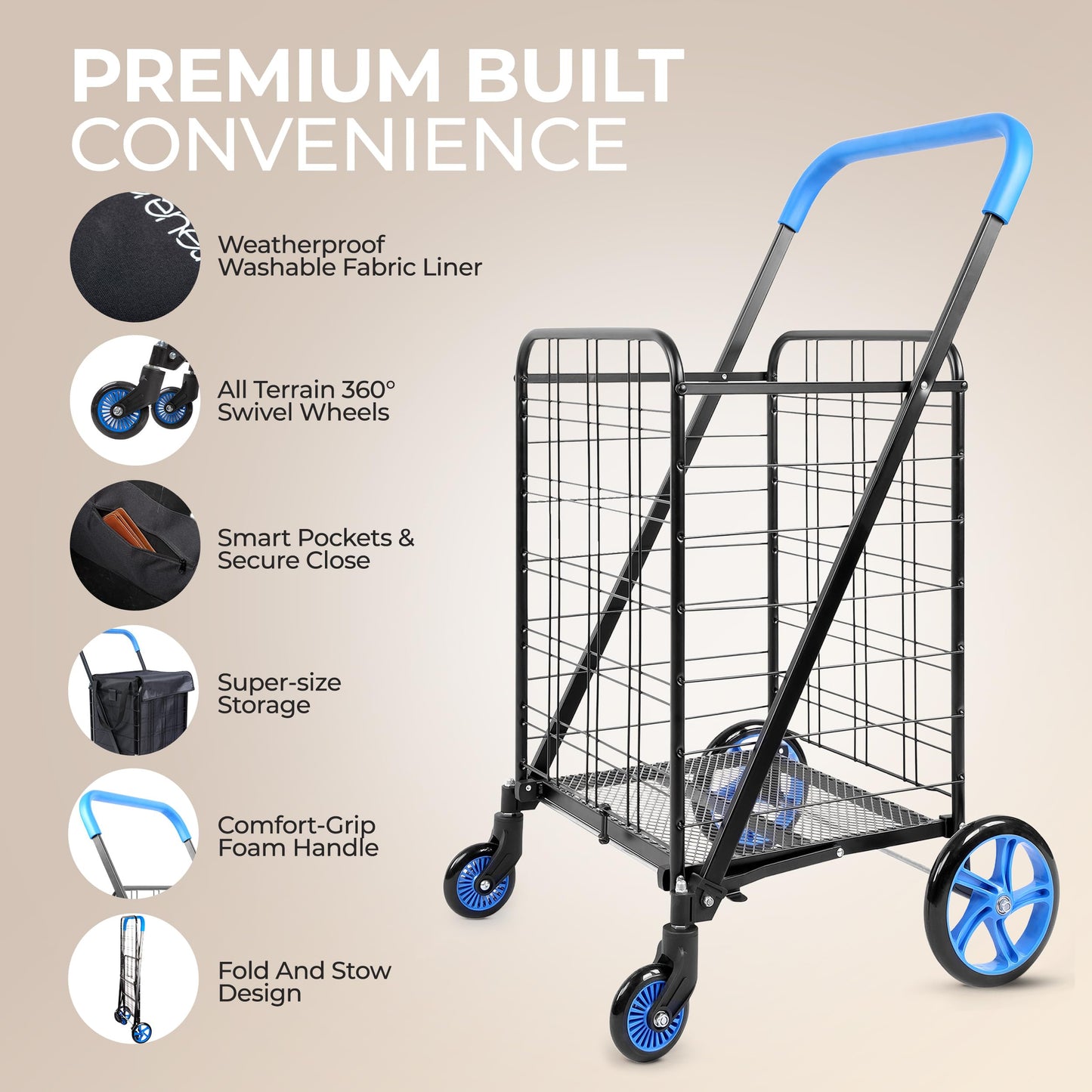 SereneLife Small Compact Folding Shopping Cart with Removable Waterproof Liner – 360° Swivel Wheels, Rust‑Proof Steel Frame, 70 lb Capacity – Portable Grocery, Laundry & Travel Cart (Blue)