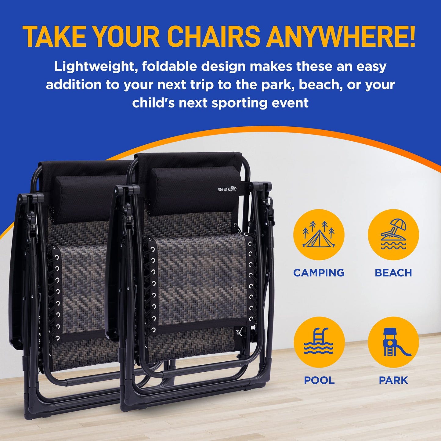 SereneLife 2-Pack Rattan Zero Gravity Chairs – Adjustable Recliners with Side Table, Cup Holders & Pillow, Foldable Outdoor Lounge Set for Patio, Lawn or Deck – 265 lbs Capacity, Brown