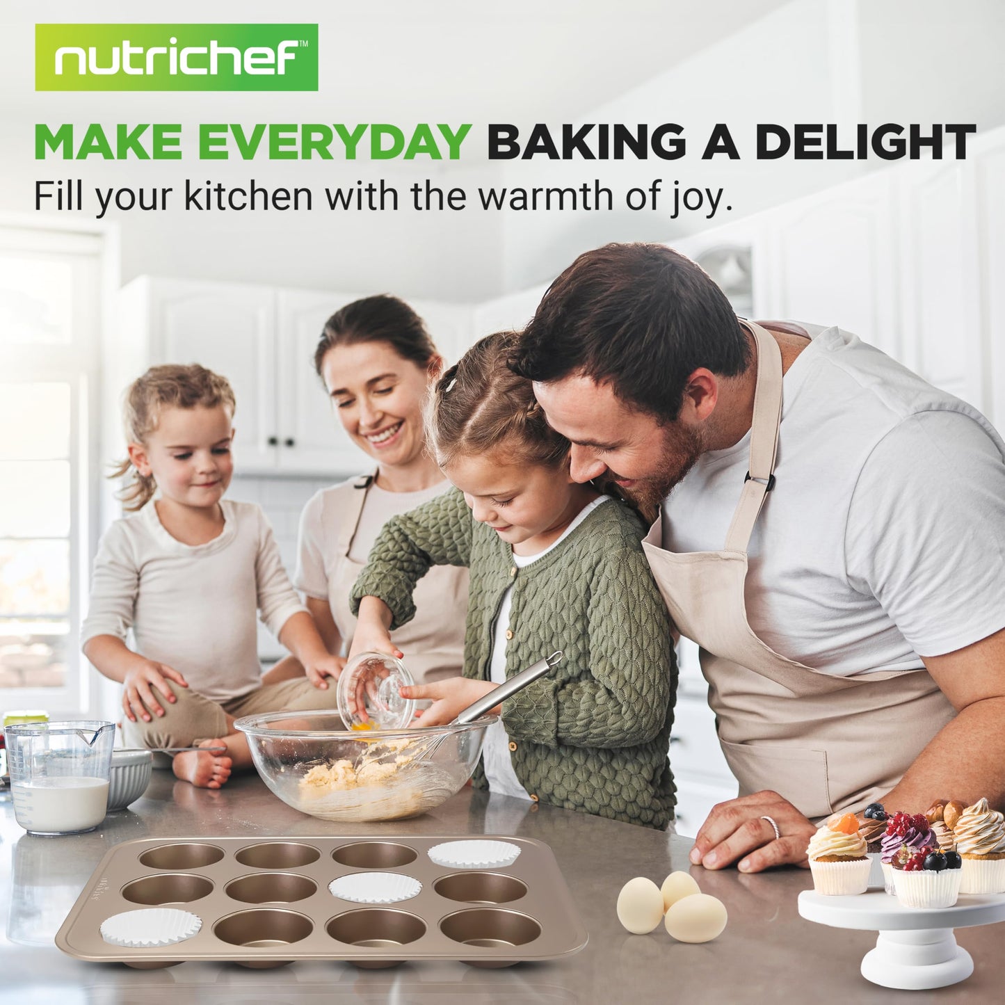 NutriChef 12 Cup Nonstick Muffin Pans for Cupcakes, 2-Piece Cupcake Mould, Non-Toxic Carbon Steel Stackable Cup Cake Tray, Dishwasher Safe, Easy Release, Easy clean - Gold